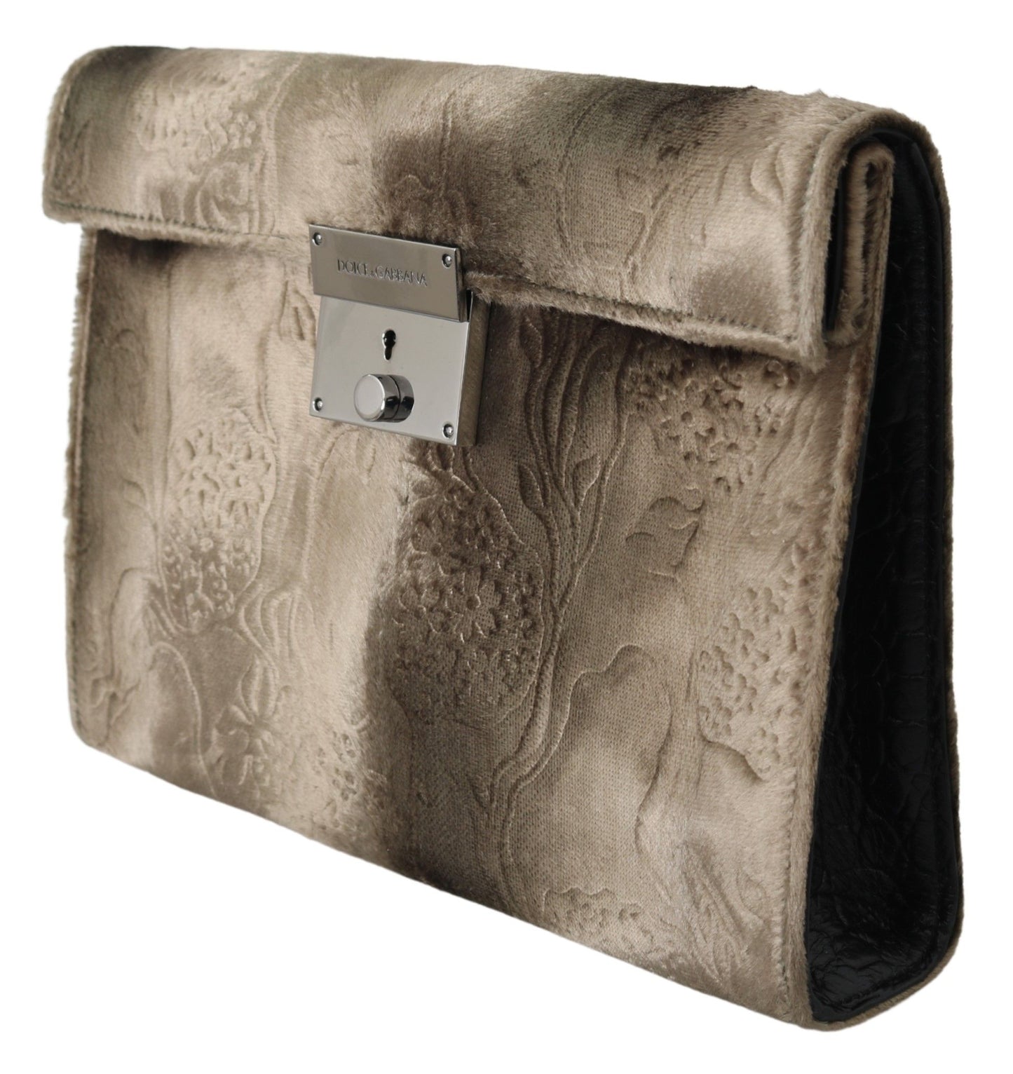 Cartera tipo sobre de piel con estampado de cocodrilo en terciopelo beige