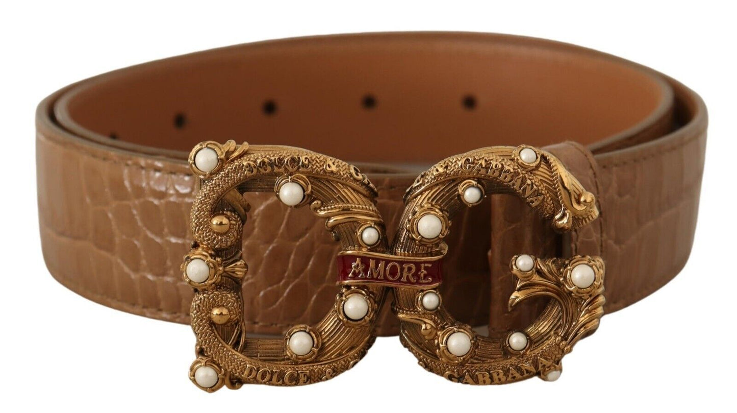 Brown Crocodile Pattern Leather Logo Amore Belt