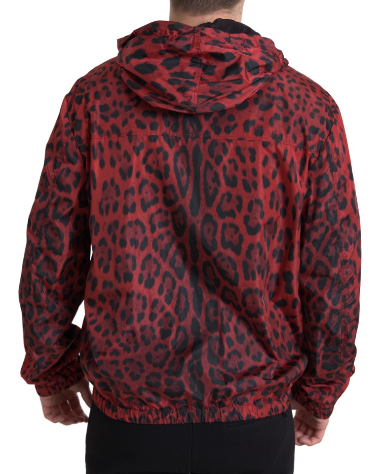 Rote Bomberjacke mit Kapuze und Leopardenmuster
