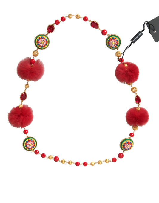 Collar de cadena Carretto de piel roja, latón dorado y cristales
