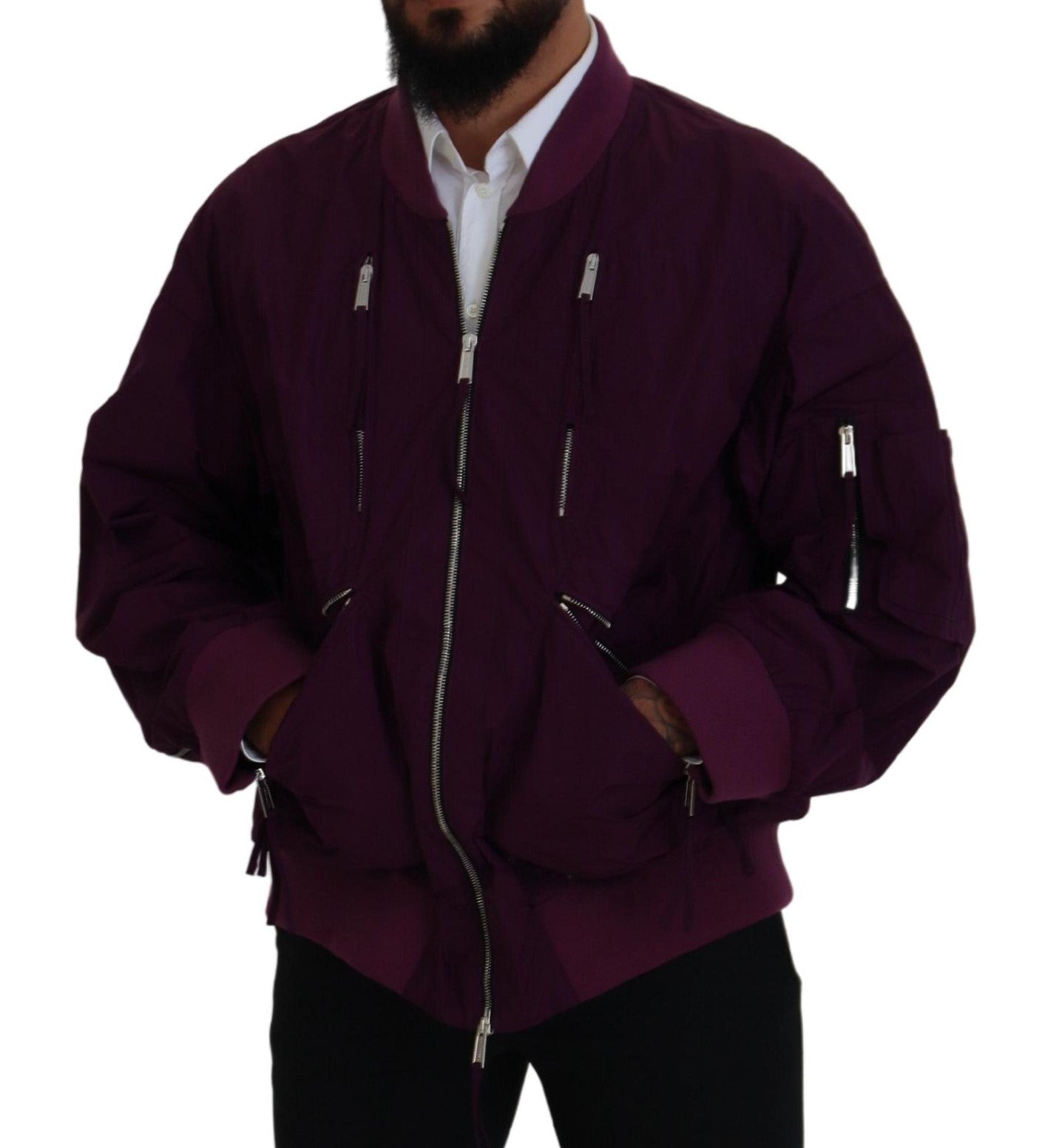 Chaqueta bomber de poliéster con cremallera completa en color morado