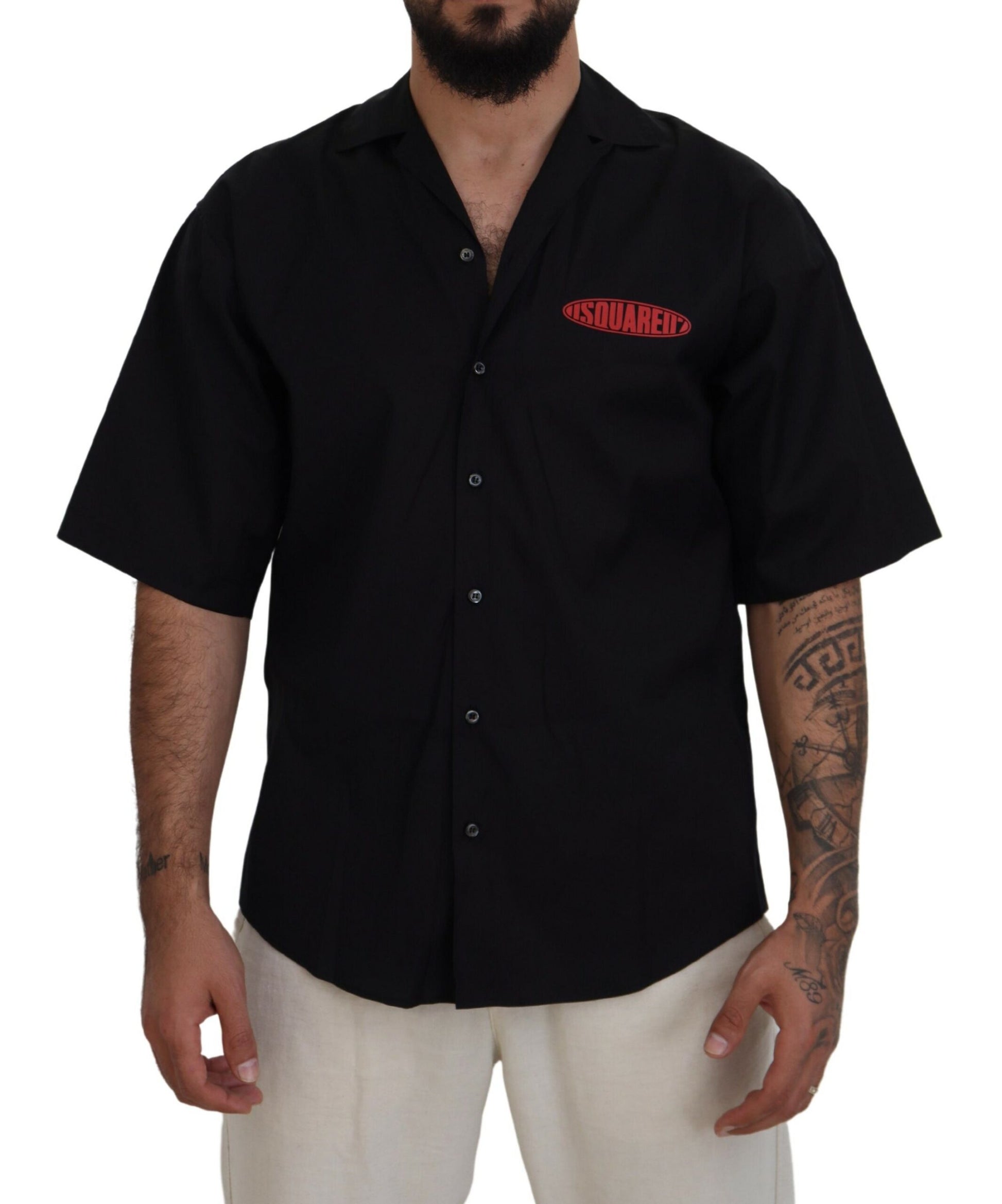 Schwarzes Kurzarmhemd aus Baumwolle mit Kragen und Logo-Print
