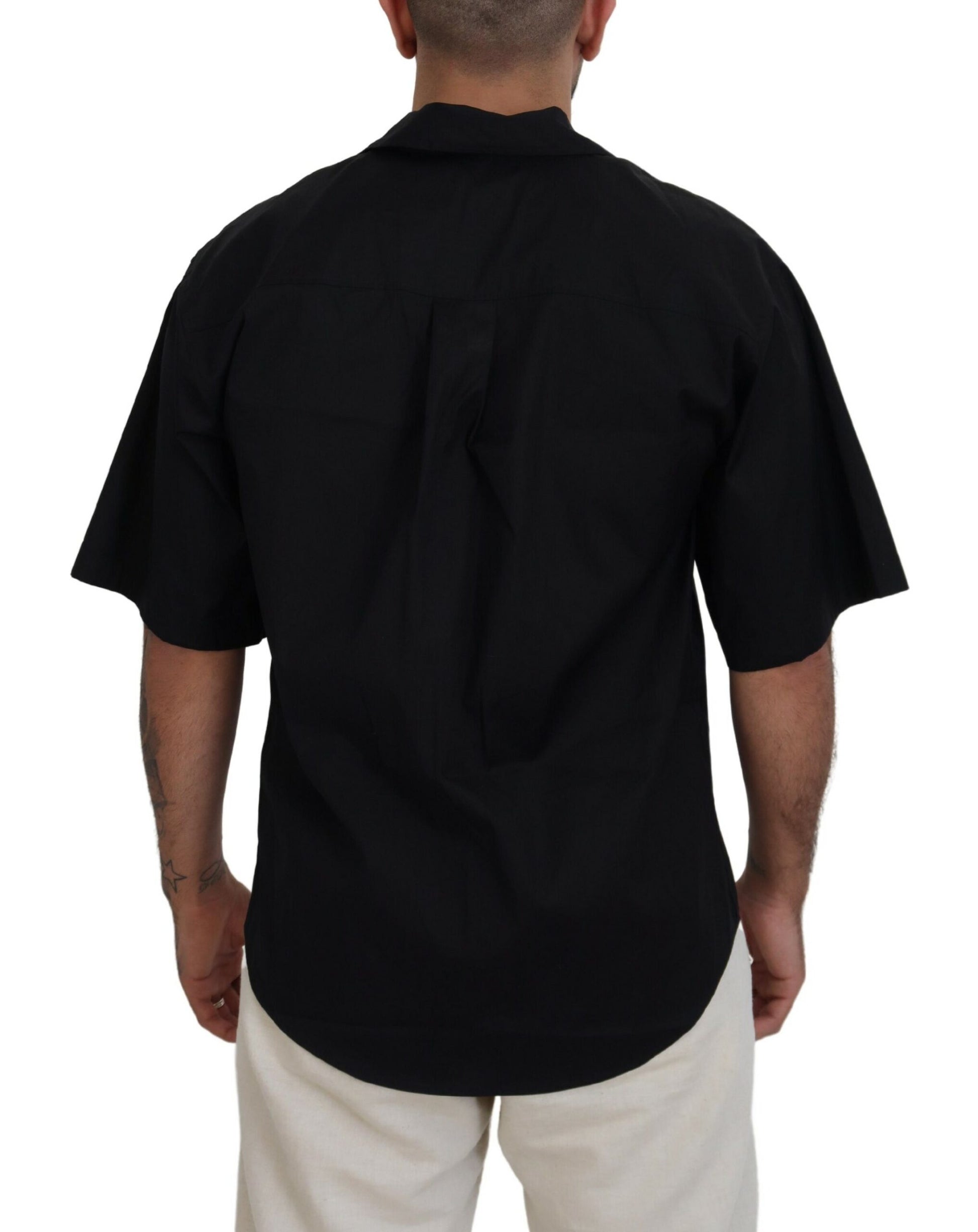 Schwarzes Kurzarmhemd aus Baumwolle mit Kragen und Logo-Print