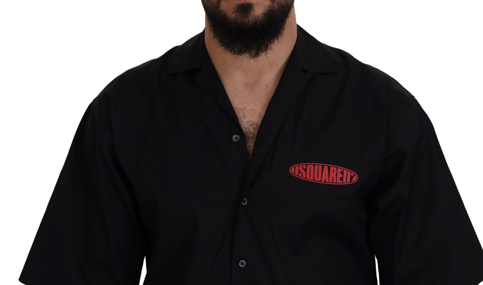 Schwarzes Kurzarmhemd aus Baumwolle mit Kragen und Logo-Print