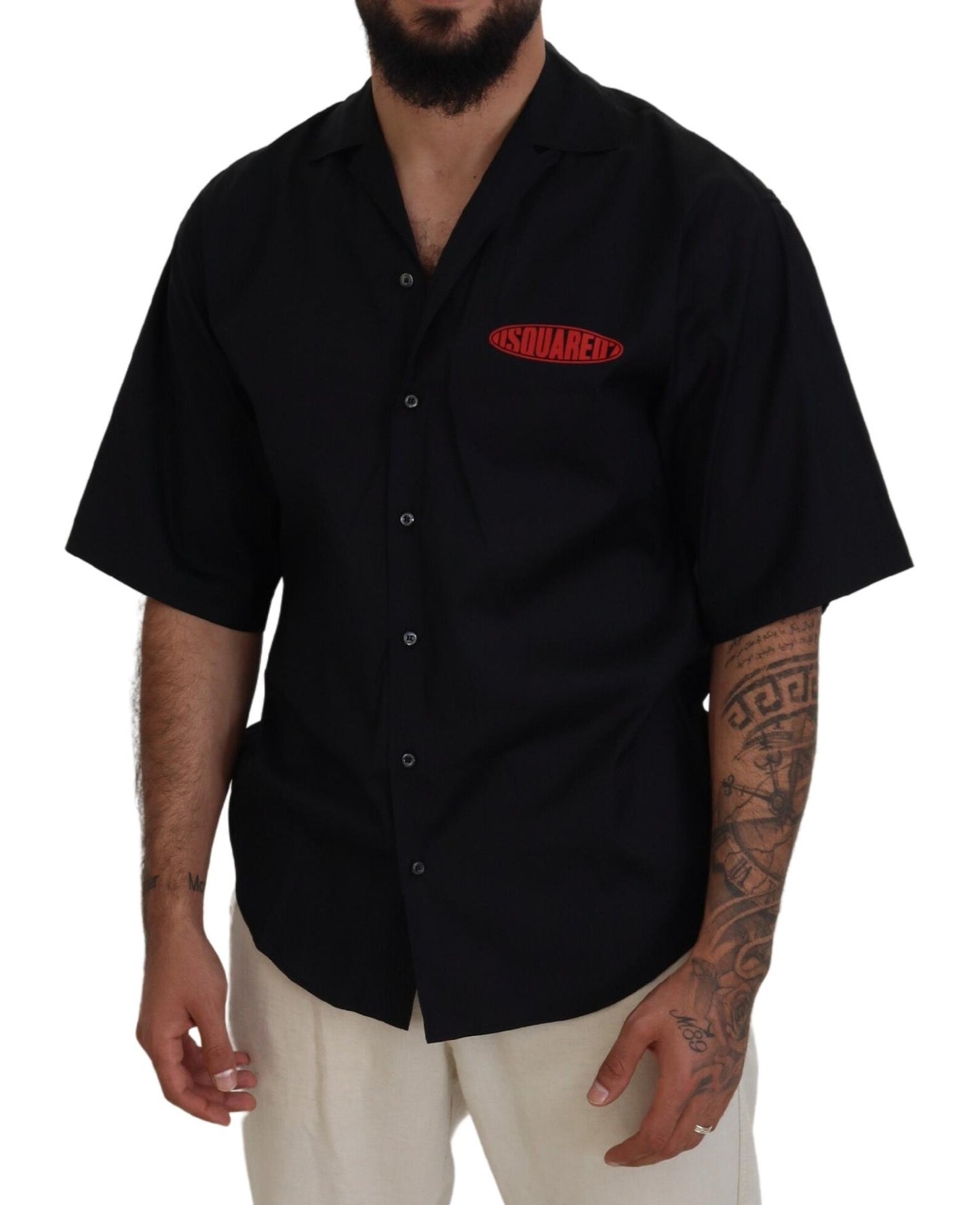 Camisa de manga corta con cuello de algodón negro y estampado de logotipo