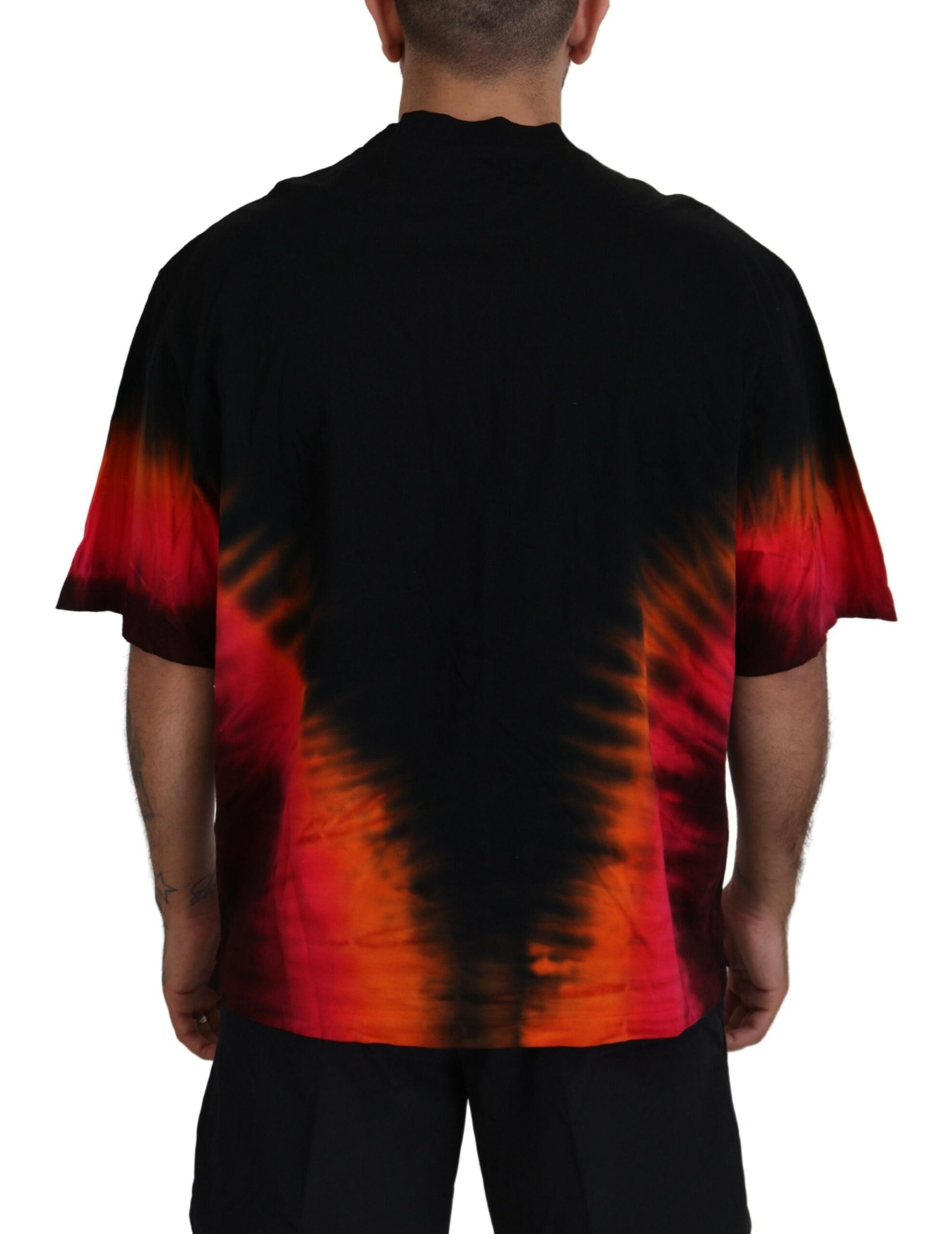 Kurzärmliges Rundhals-T-Shirt aus Baumwolle in Schwarz und Orange