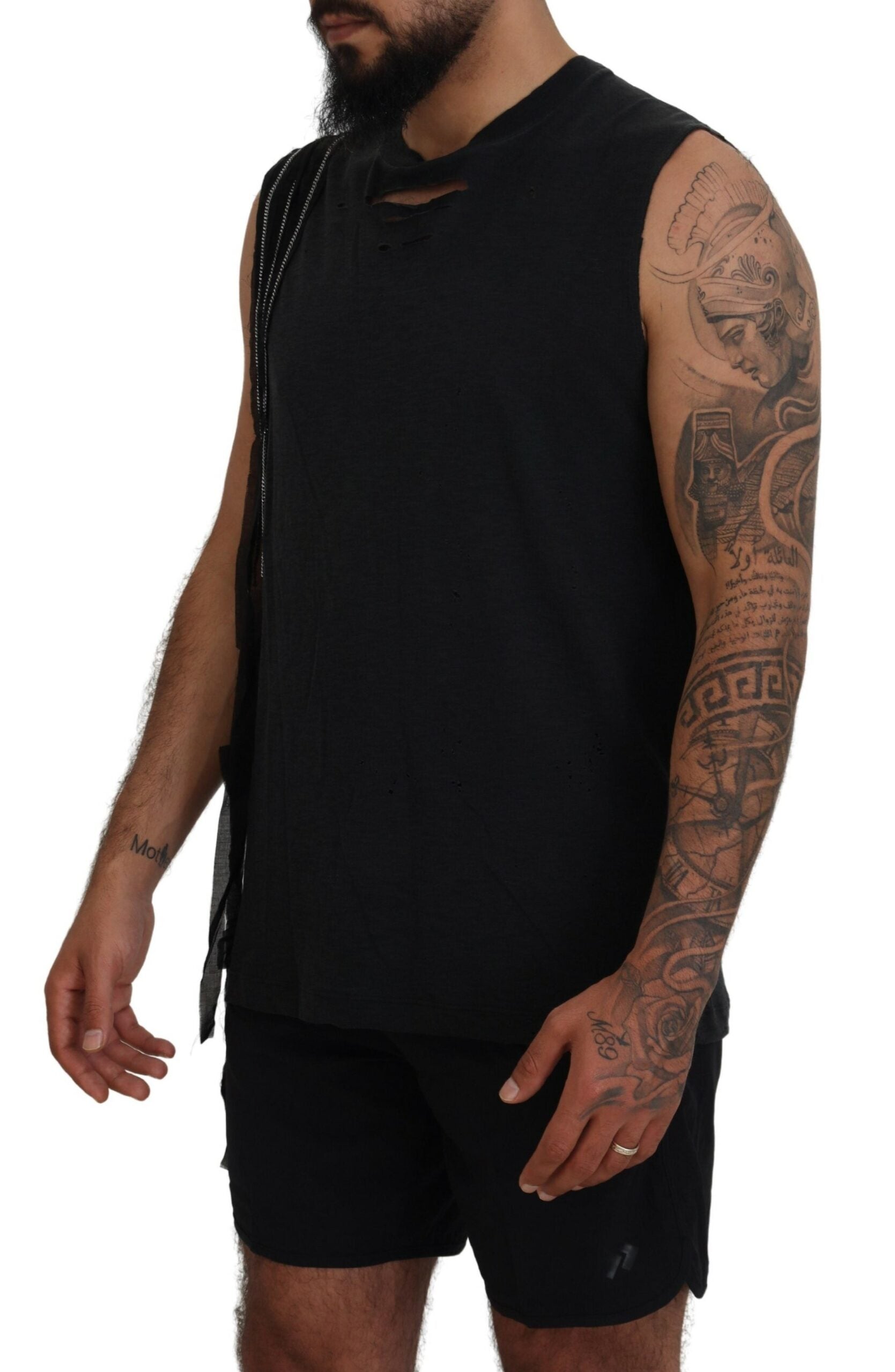 Schwarzes ärmelloses Tank-T-Shirt mit Kettenverzierung für Herren