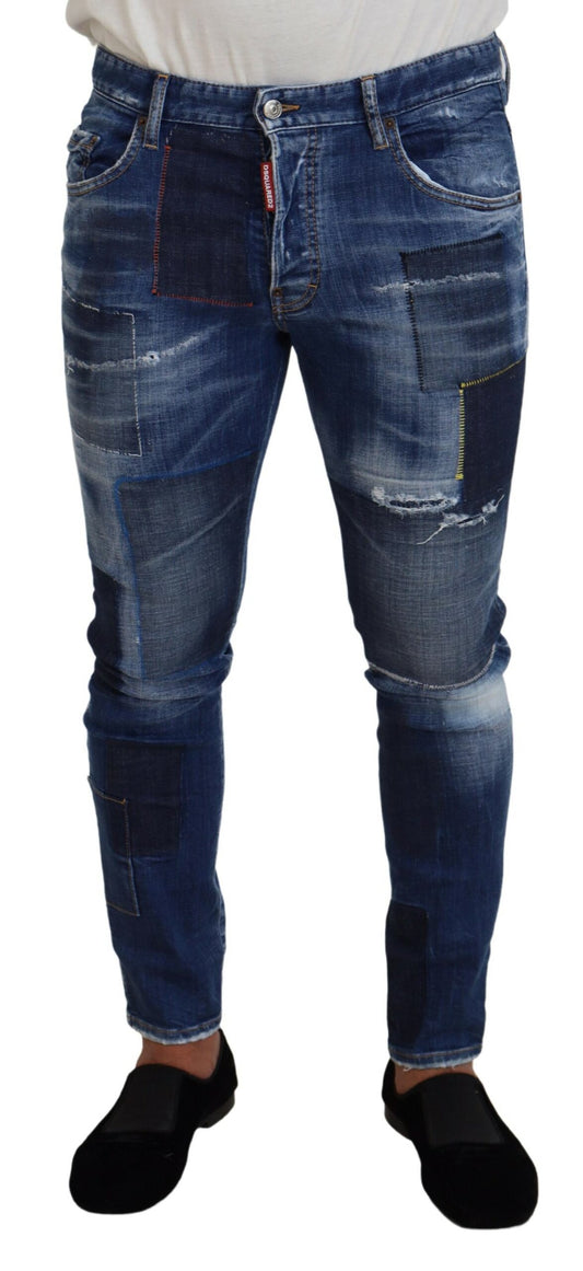 Vaqueros ajustados con parches lavados en azul para hombre