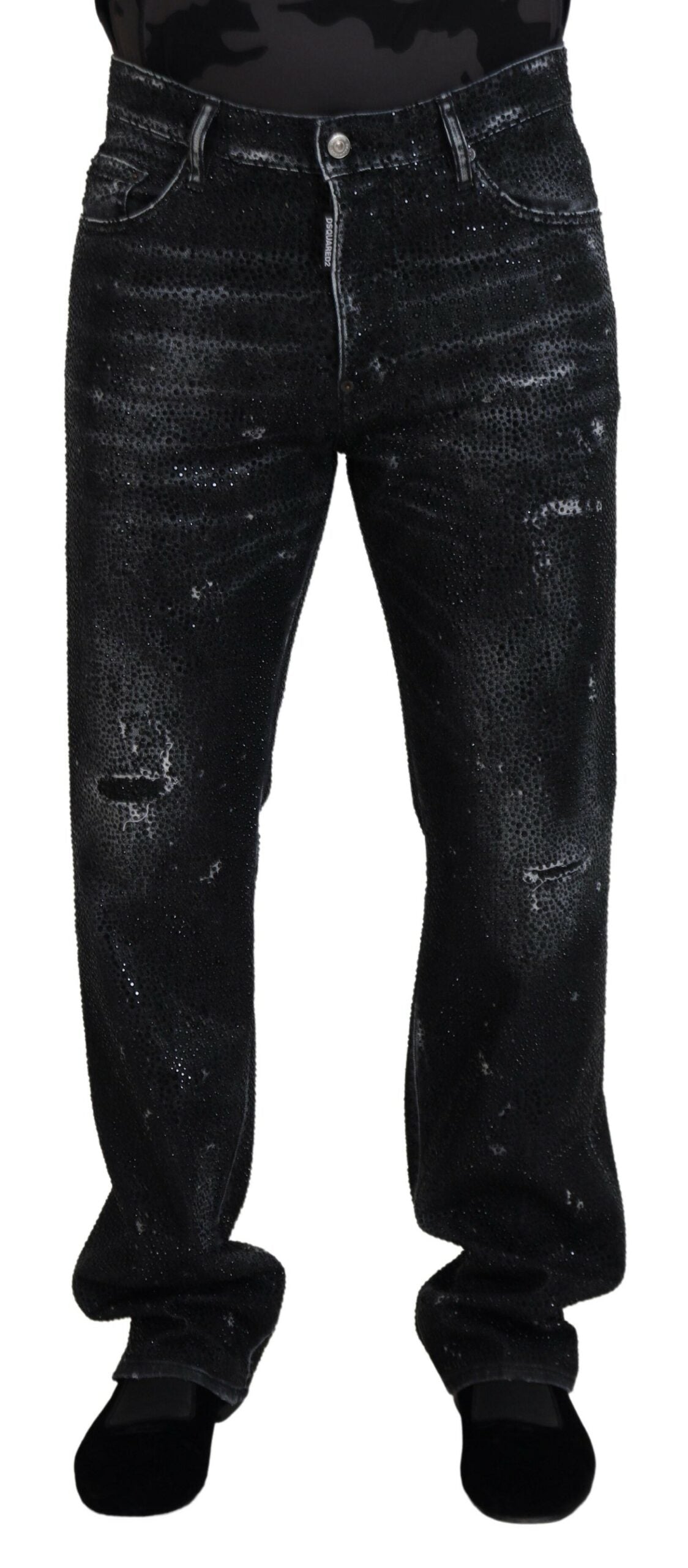 Schwarze, zerfetzte Jeans aus Denim mit Kristallverzierung