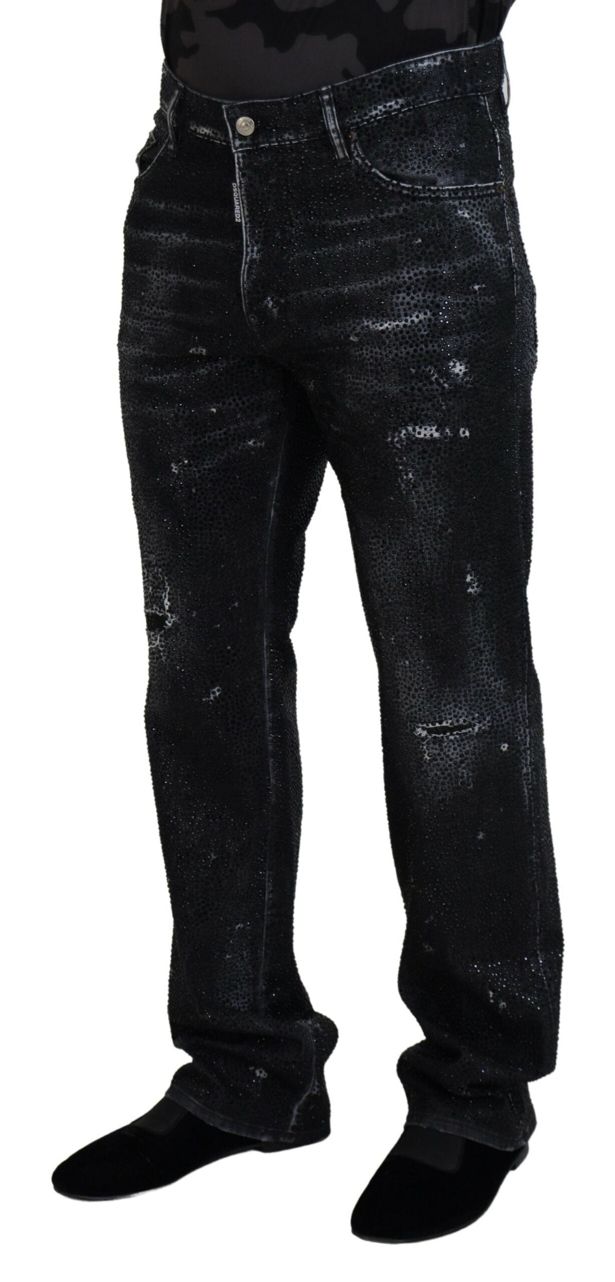 Schwarze, zerfetzte Jeans aus Denim mit Kristallverzierung