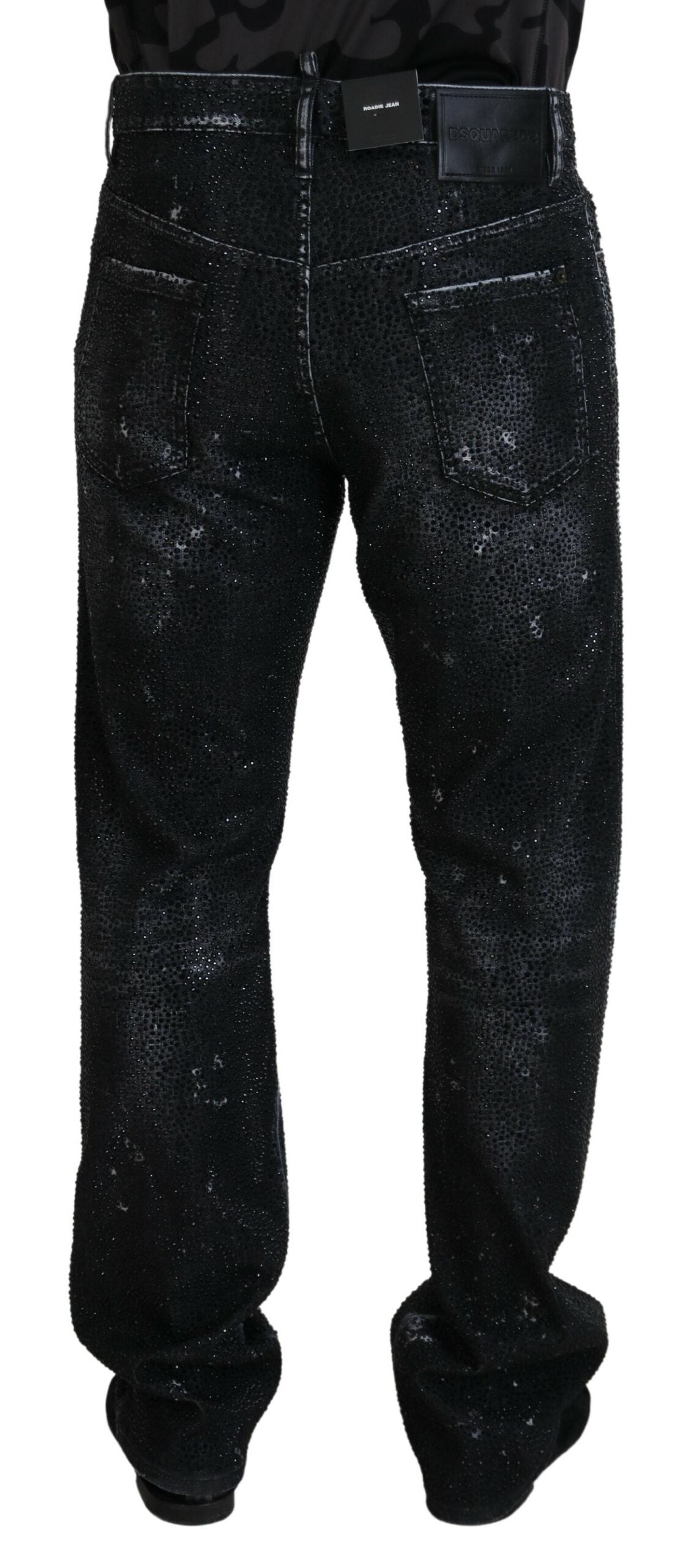 Schwarze, zerfetzte Jeans aus Denim mit Kristallverzierung