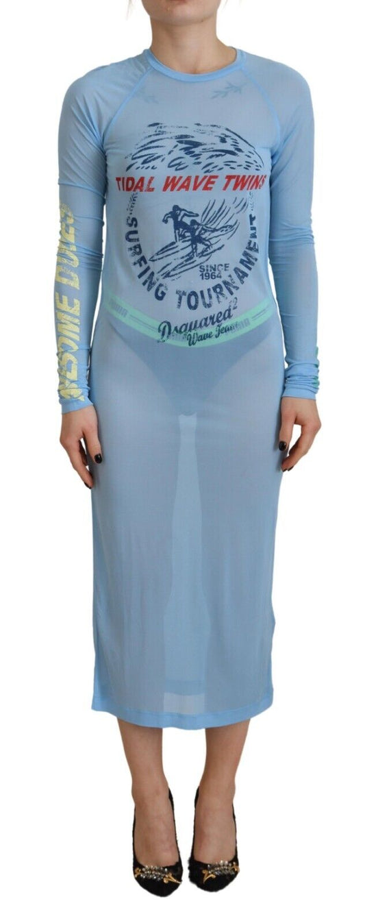 Vestido playero de manga larga de viscosa con estampado azul