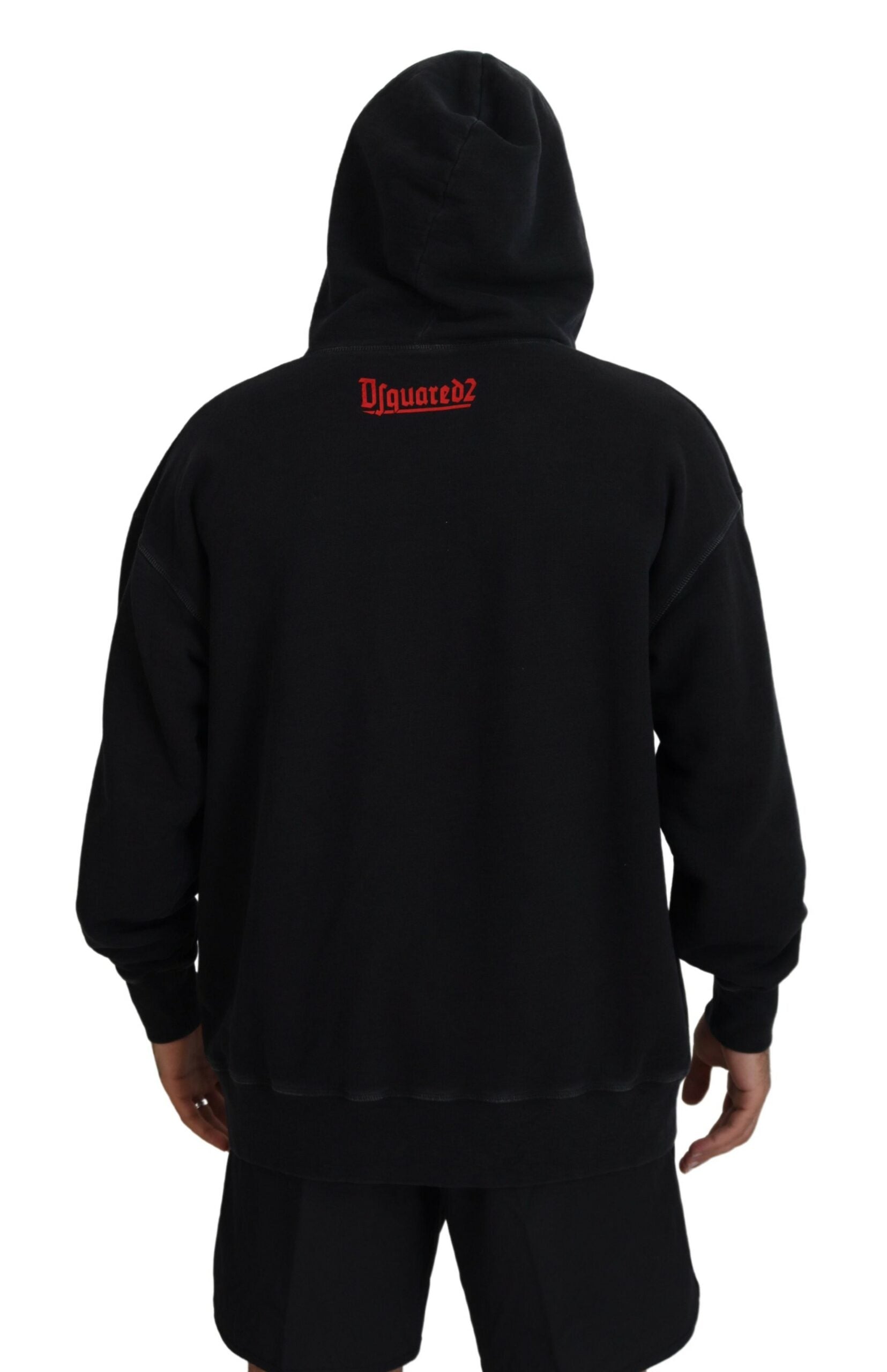 Schwarzer bedruckter Pullover aus Baumwolle mit Kapuze für Herren
