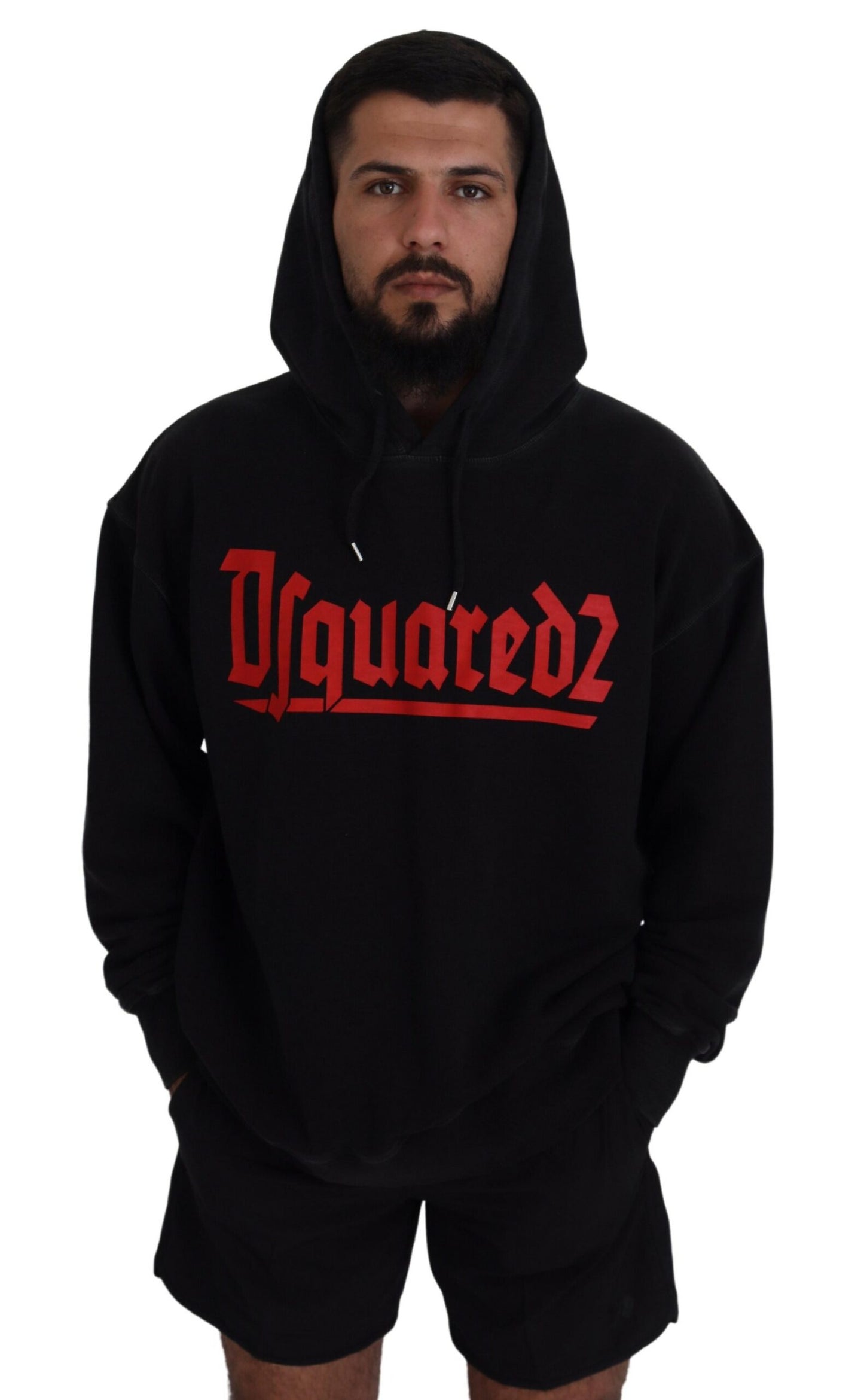 Suéter con capucha y estampado de algodón negro para hombre