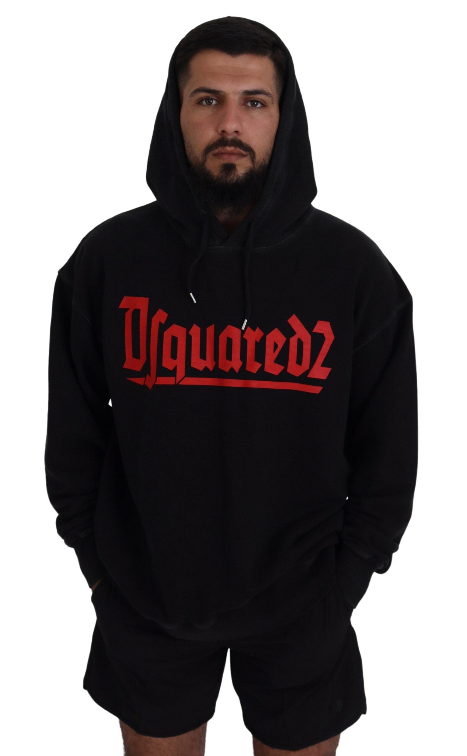 Schwarzer bedruckter Pullover aus Baumwolle mit Kapuze für Herren