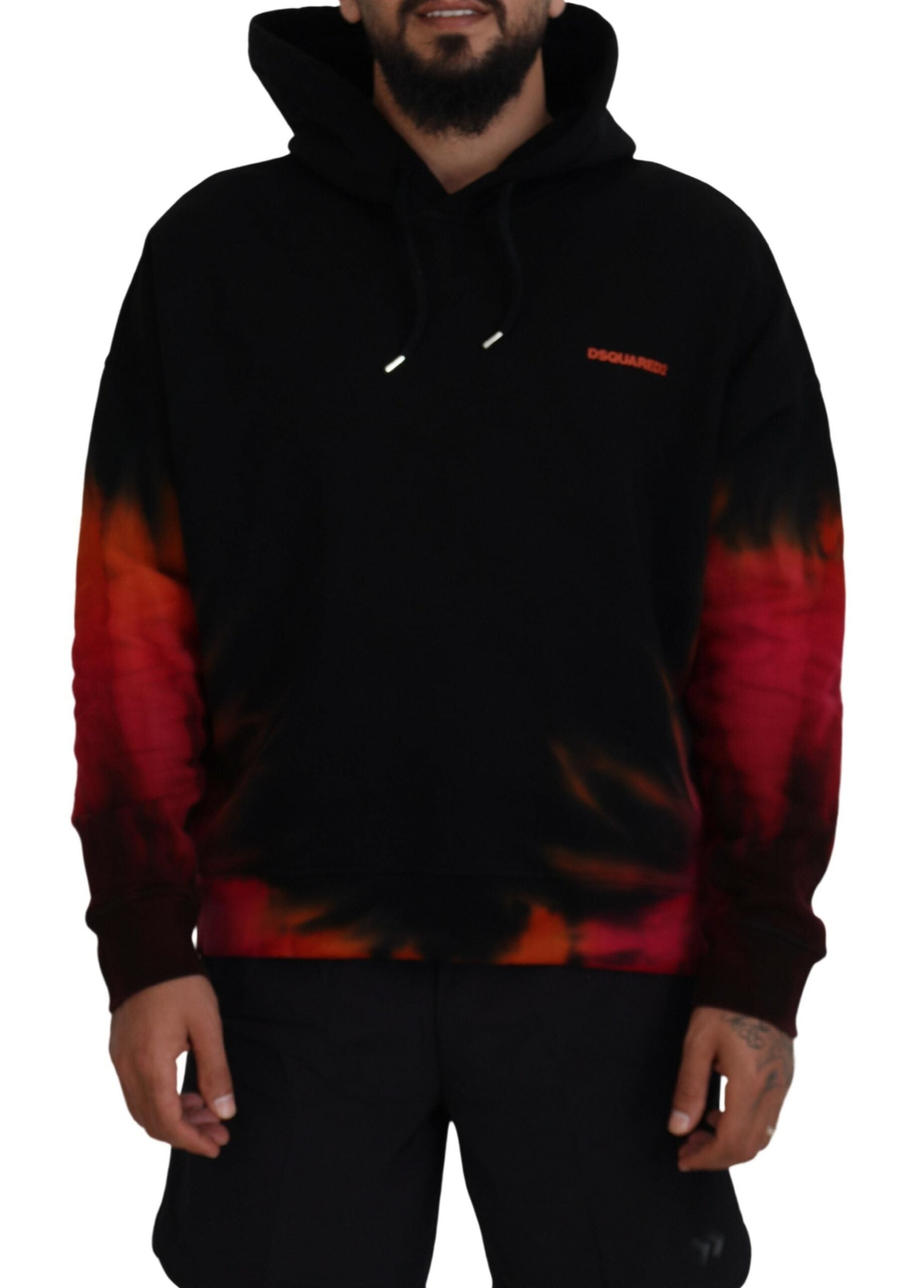 Schwarz-roter Pullover aus Baumwolle mit Kapuze und Batikmuster
