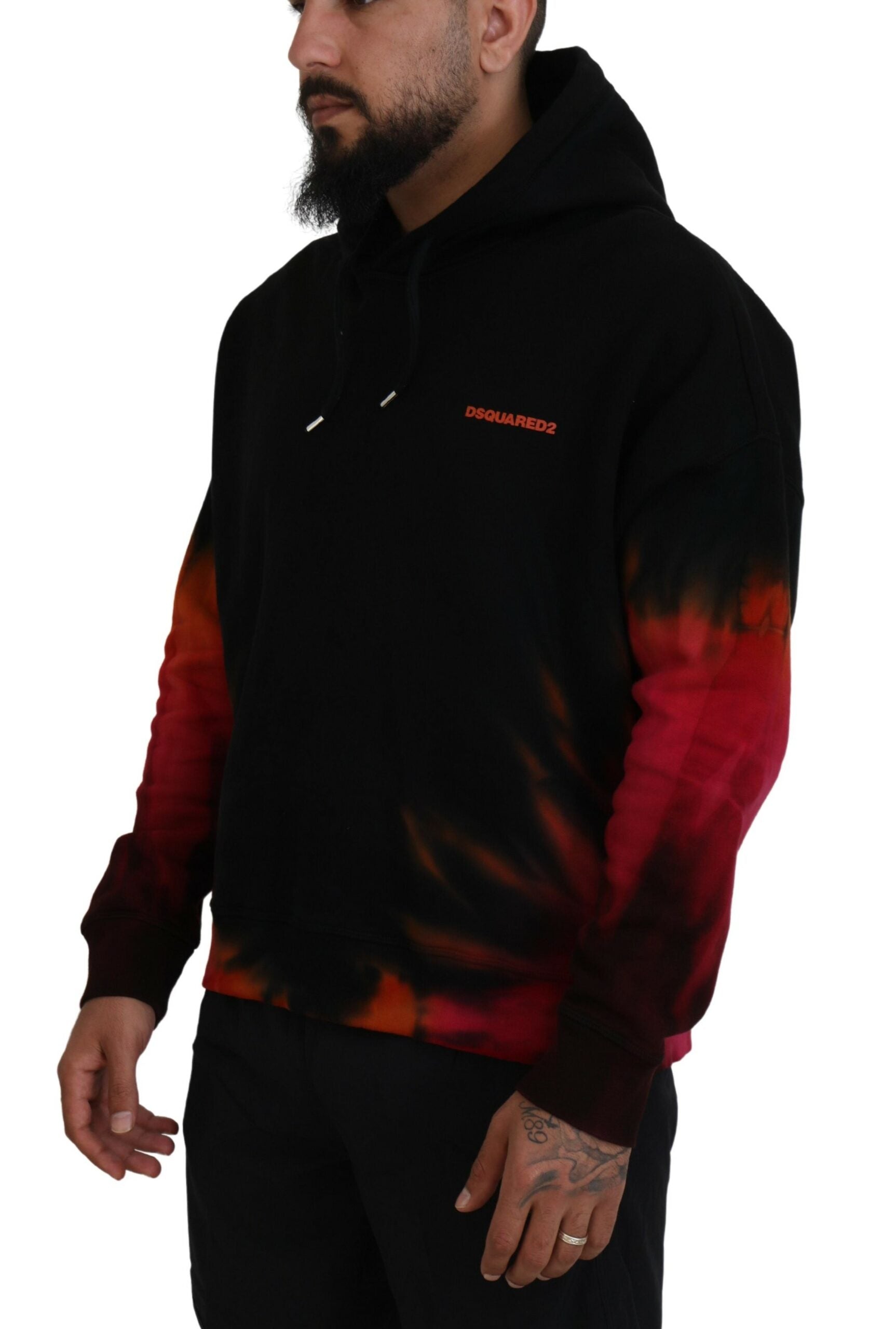 Schwarz-roter Pullover aus Baumwolle mit Kapuze und Batikmuster