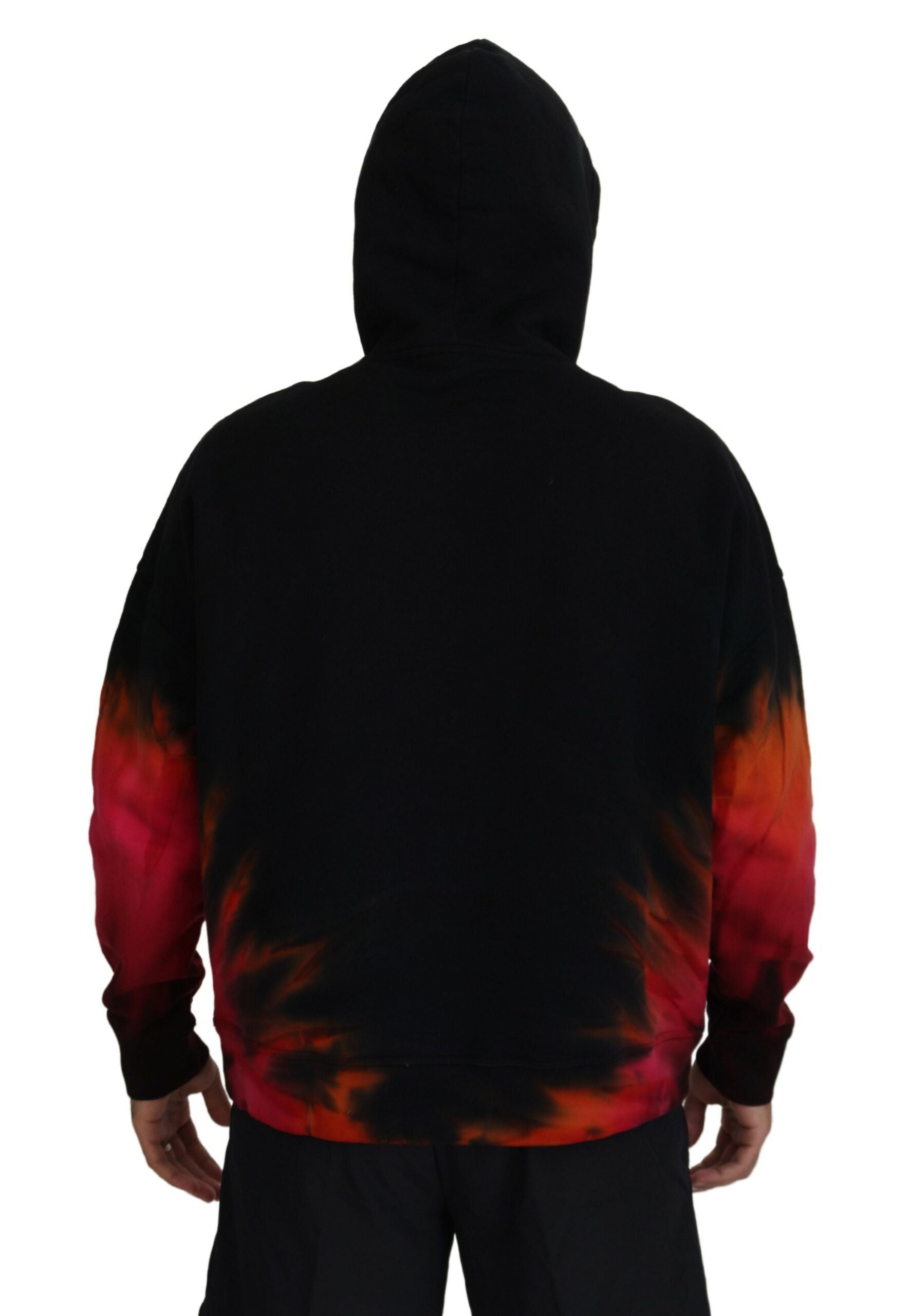 Schwarz-roter Pullover aus Baumwolle mit Kapuze und Batikmuster
