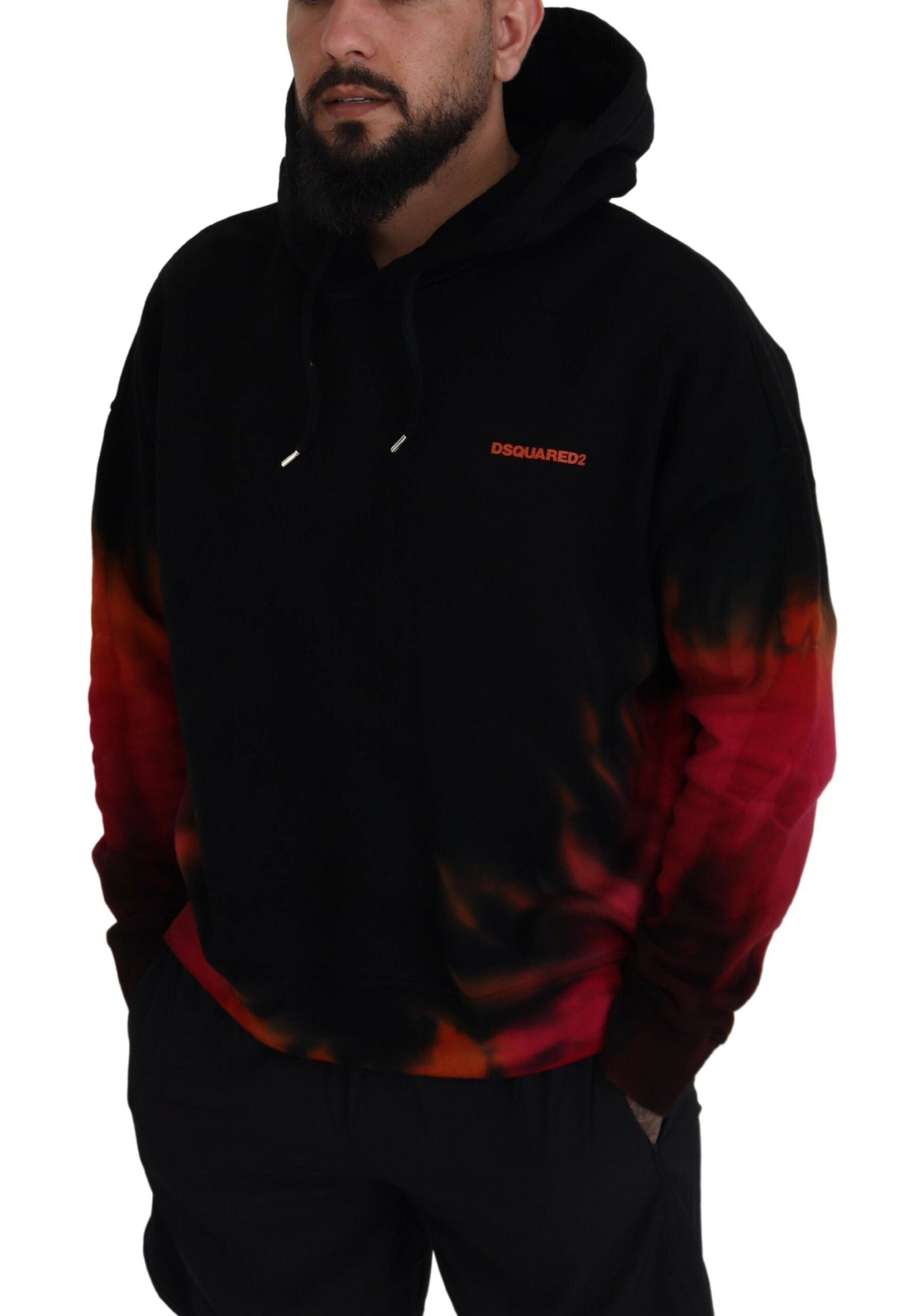 Schwarz-roter Pullover aus Baumwolle mit Kapuze und Batikmuster
