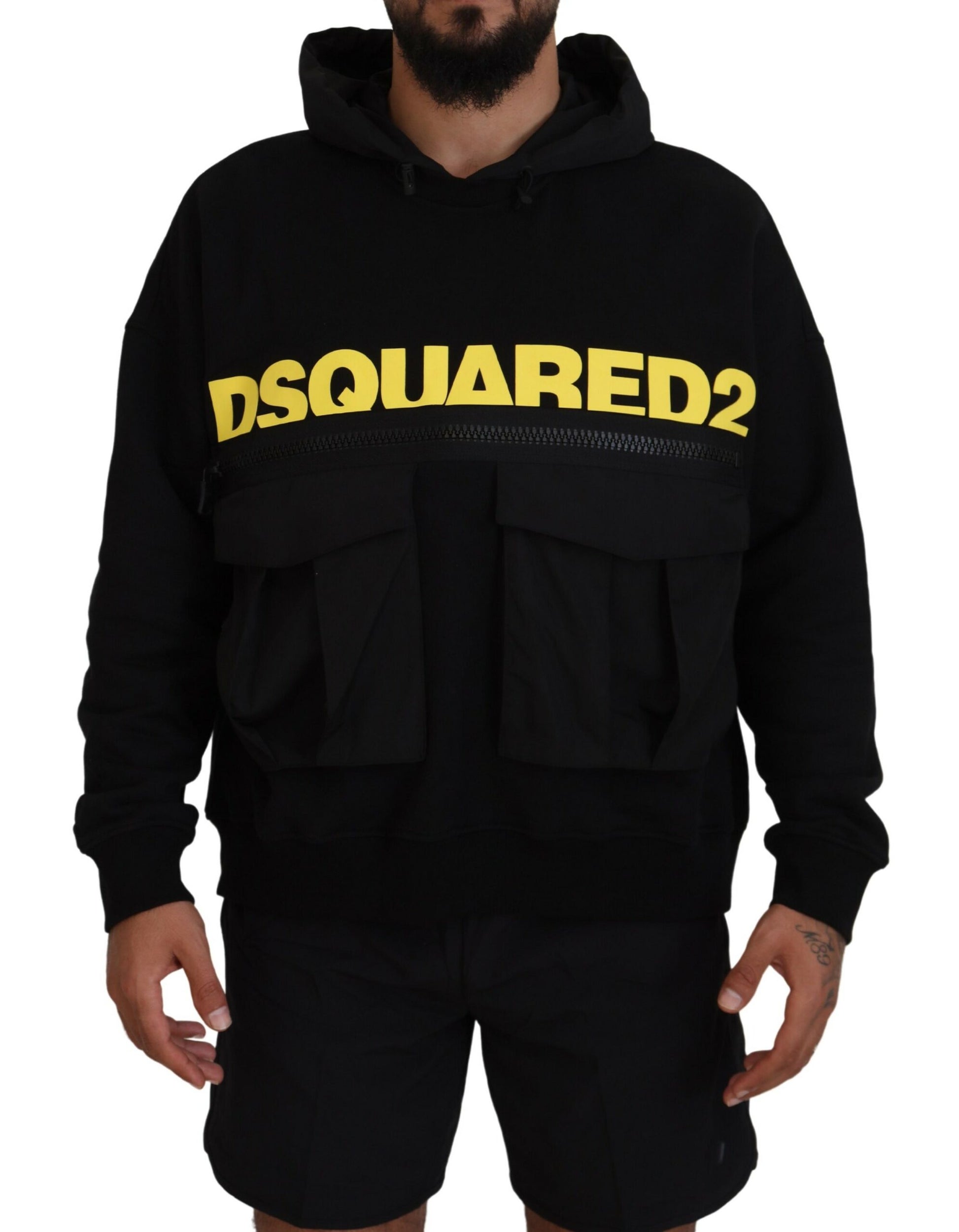 Schwarzer Pullover aus Baumwolle mit Kapuze und Aufdruck