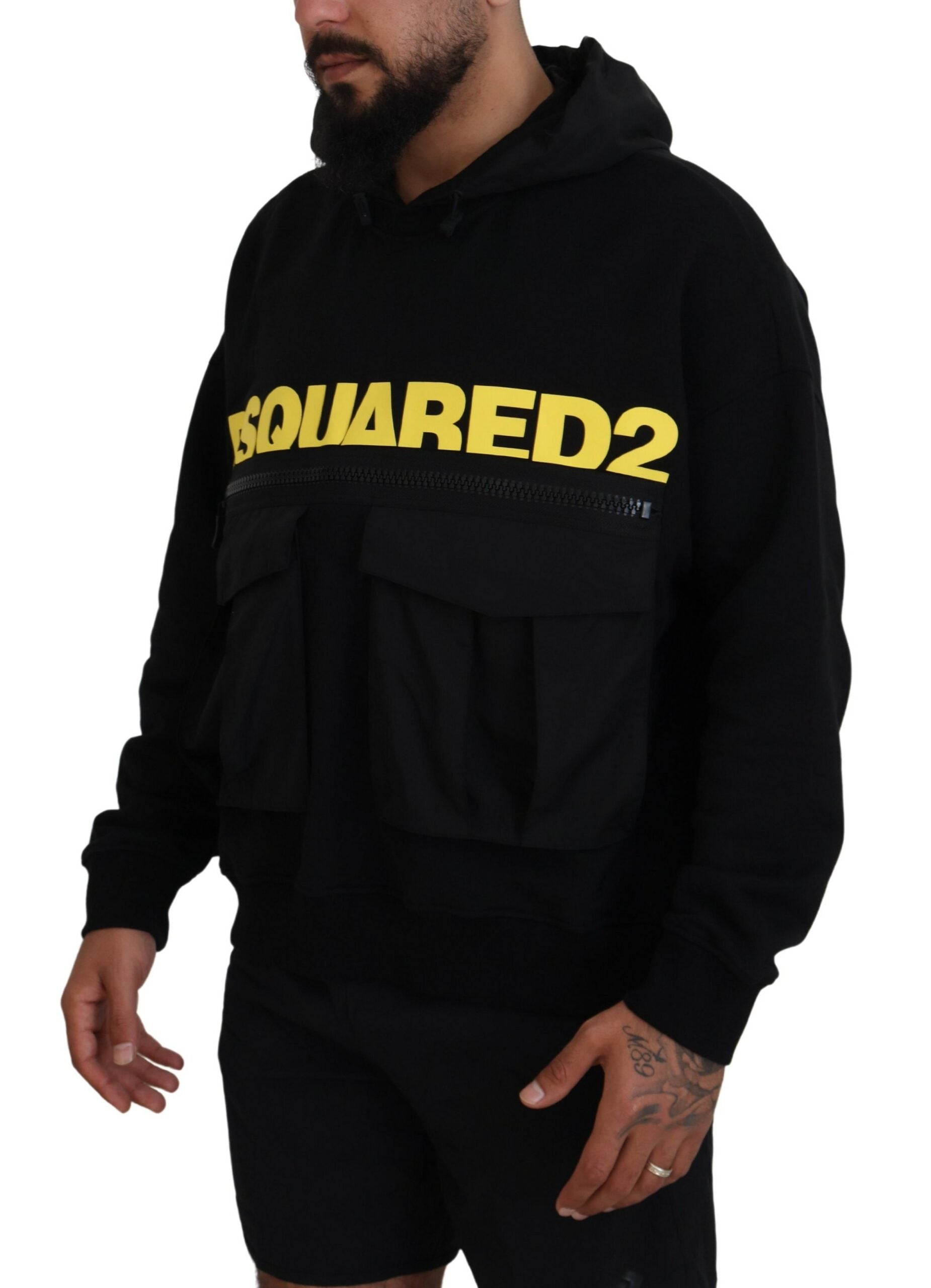 Schwarzer Pullover aus Baumwolle mit Kapuze und Aufdruck
