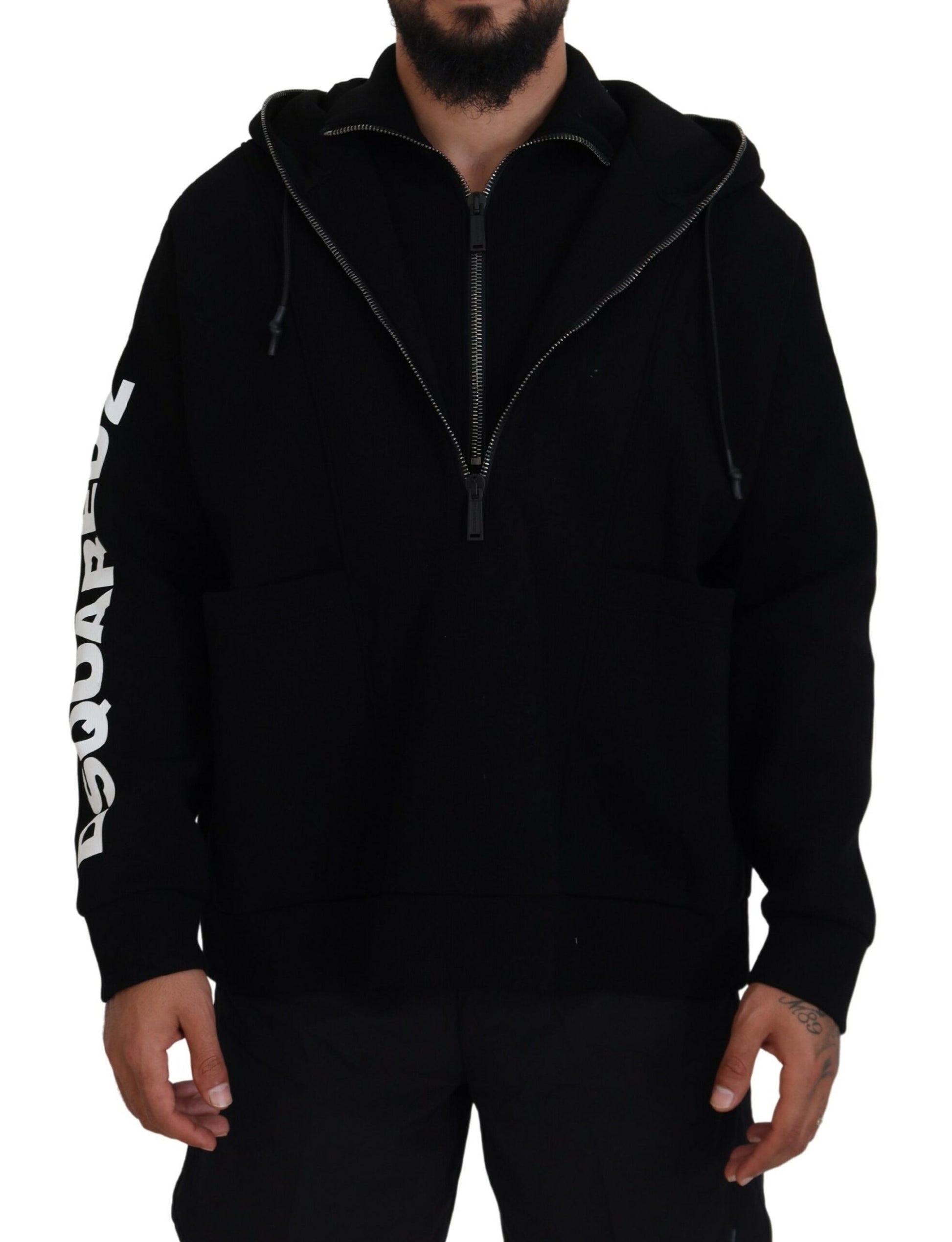 Schwarzer Pullover mit Kapuze, bedruckten Ärmeln und Doppelreißverschluss