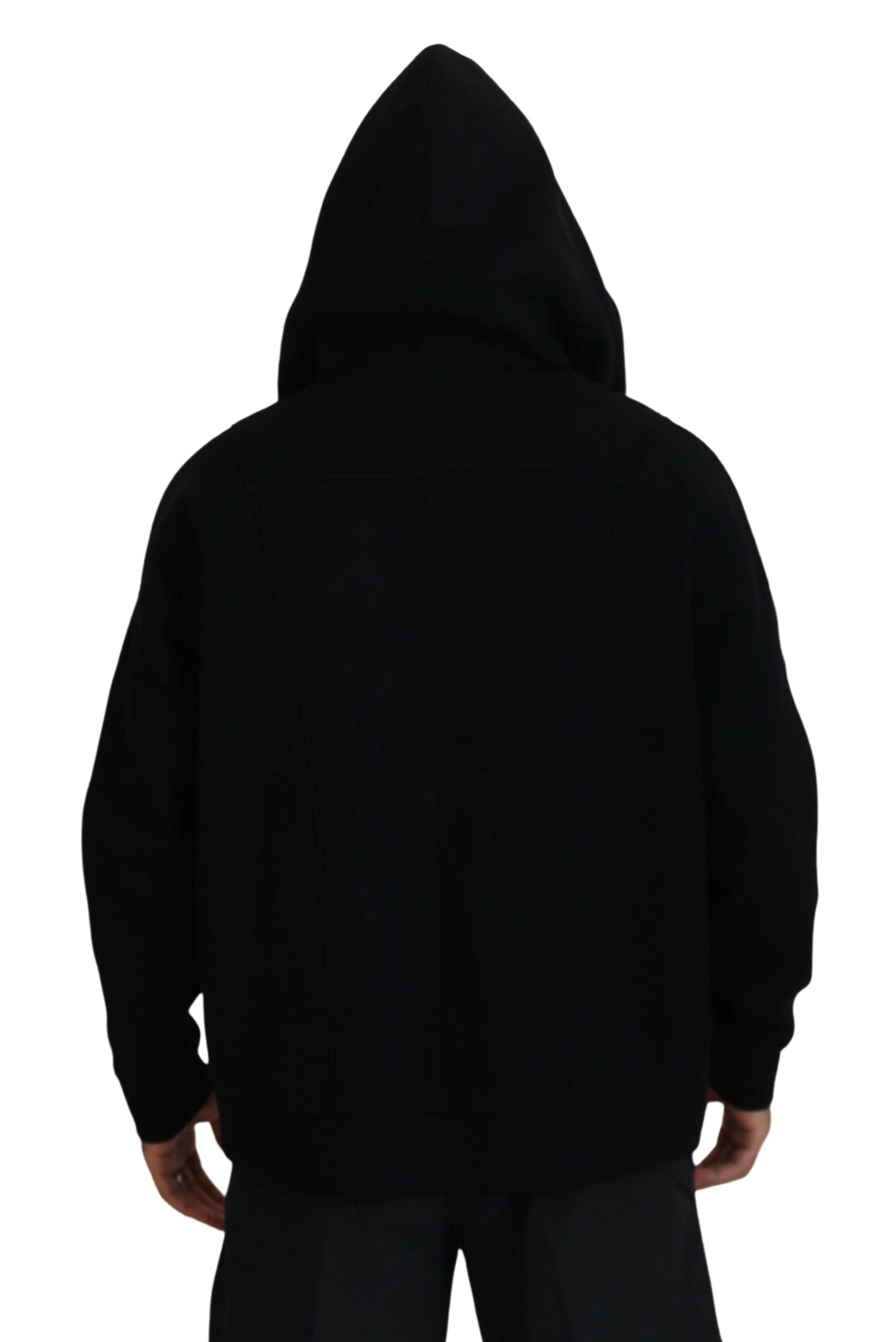 Schwarzer Pullover mit Kapuze, bedruckten Ärmeln und Doppelreißverschluss