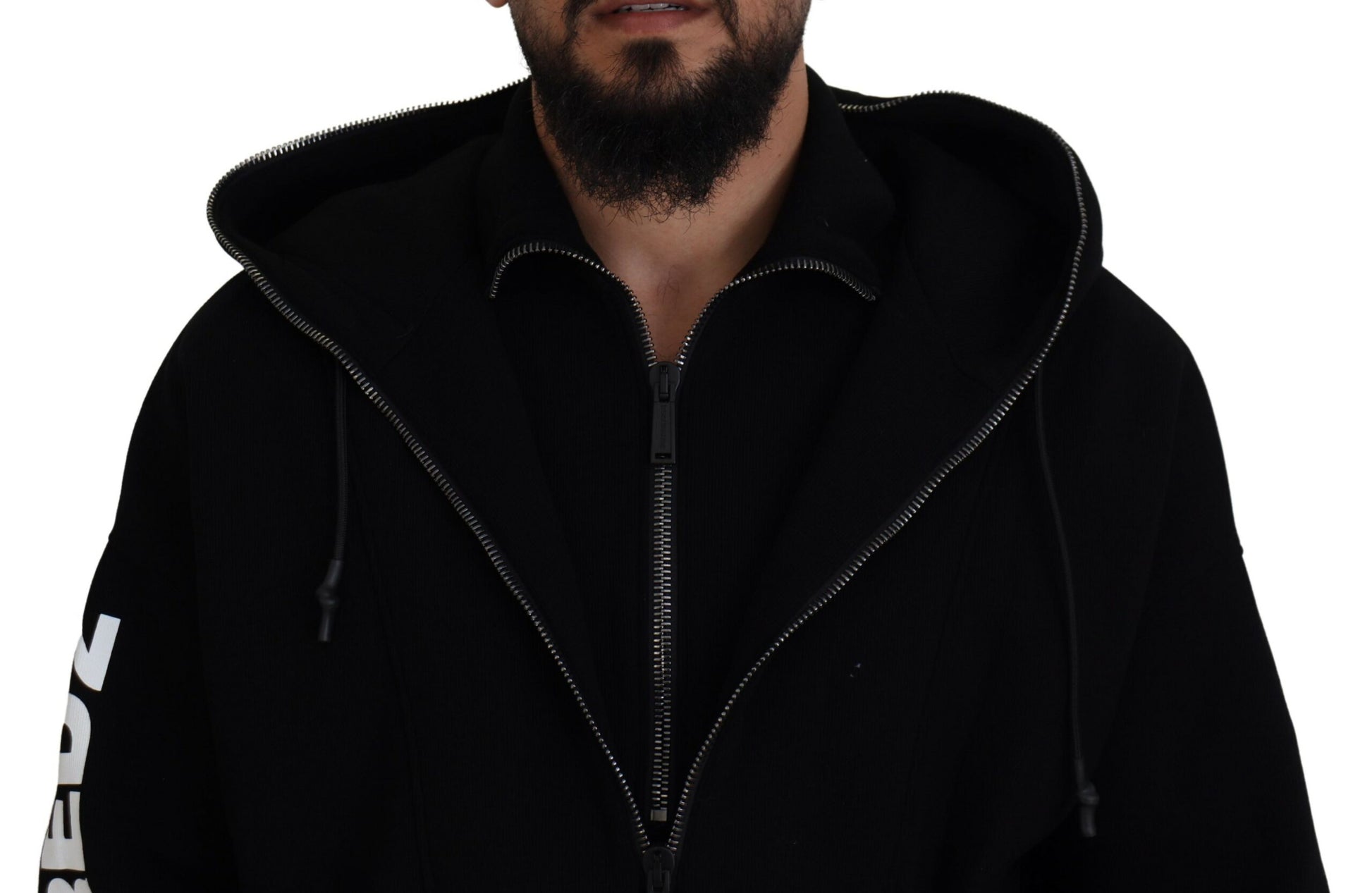 Schwarzer Pullover mit Kapuze, bedruckten Ärmeln und Doppelreißverschluss