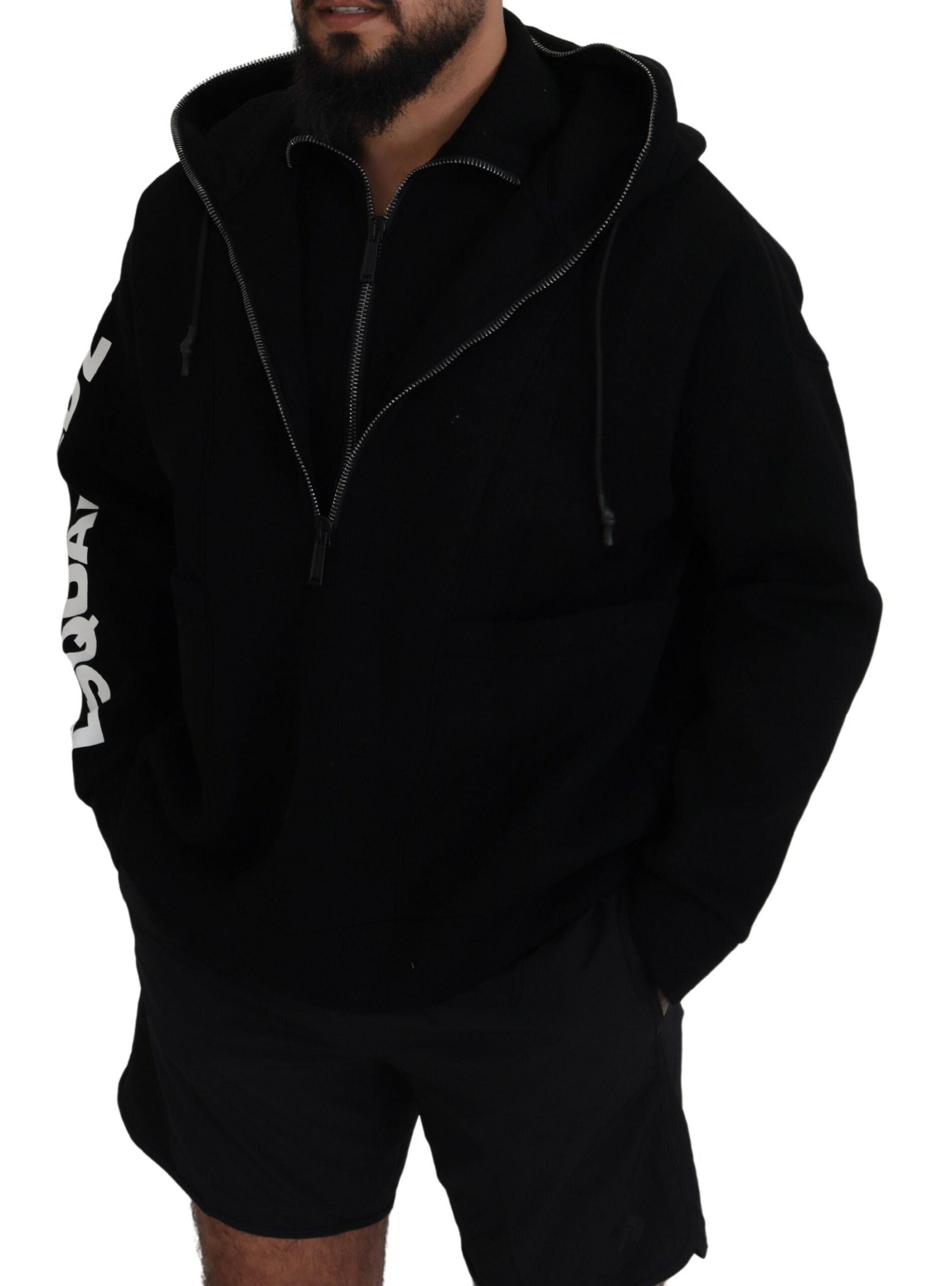 Schwarzer Pullover mit Kapuze, bedruckten Ärmeln und Doppelreißverschluss
