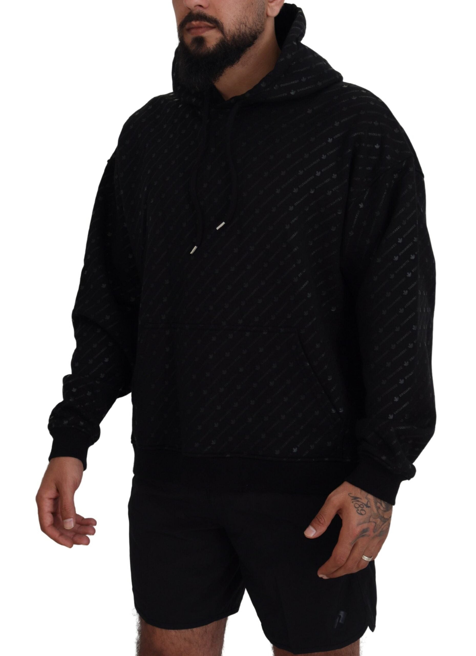 Schwarzer bedruckter Pullover aus Baumwolle mit Kapuze für Herren