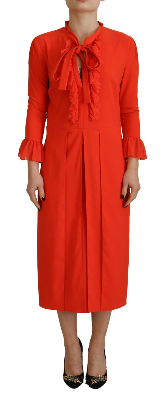 Vestido midi plisado de manga larga de poliéster rojo