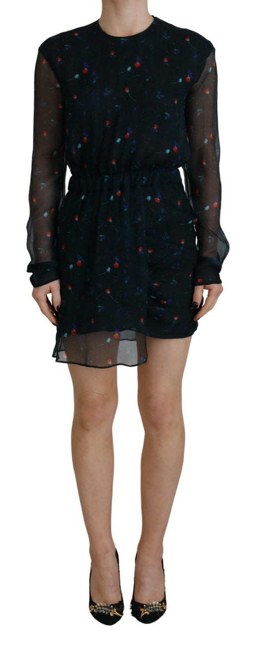 Vestido corto de seda con mangas largas y estampado floral negro