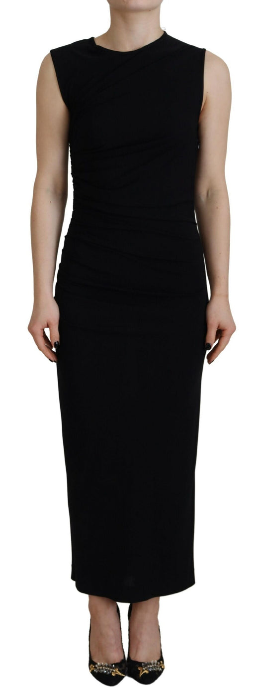 Vestido largo fruncido sin mangas de viscosa negra