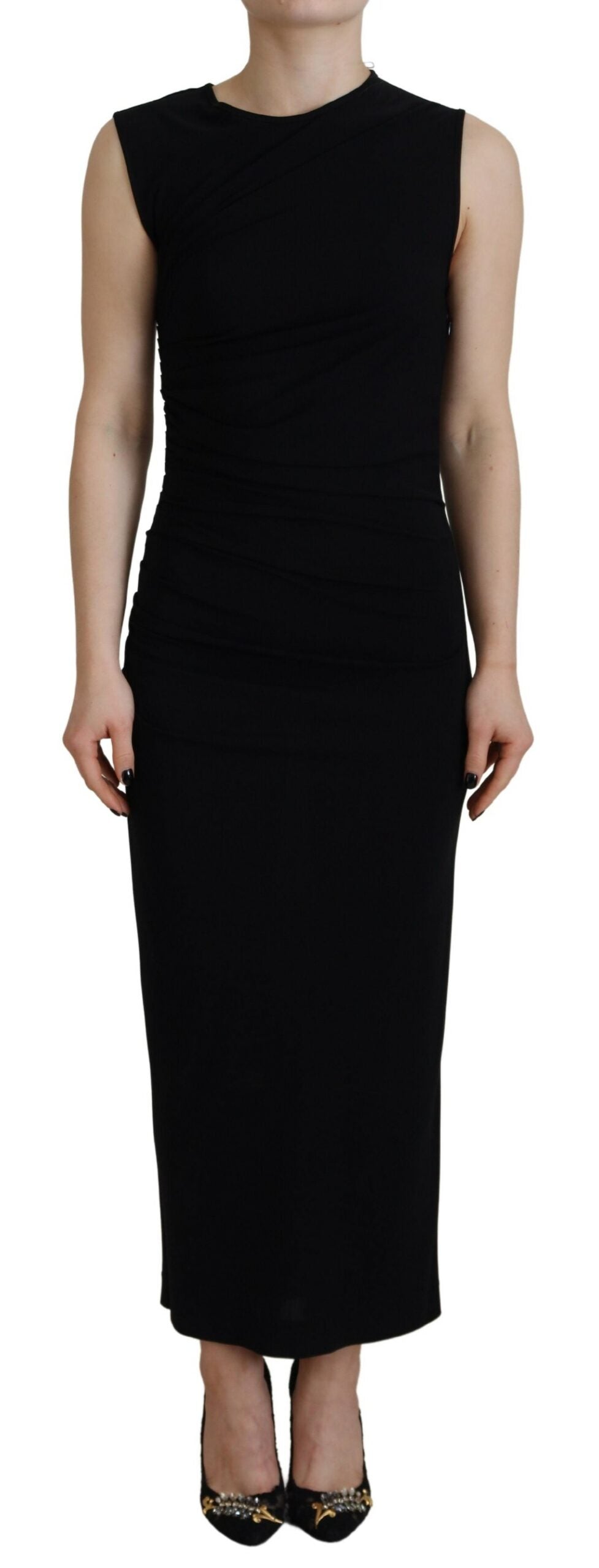 Vestido largo fruncido sin mangas de viscosa negra