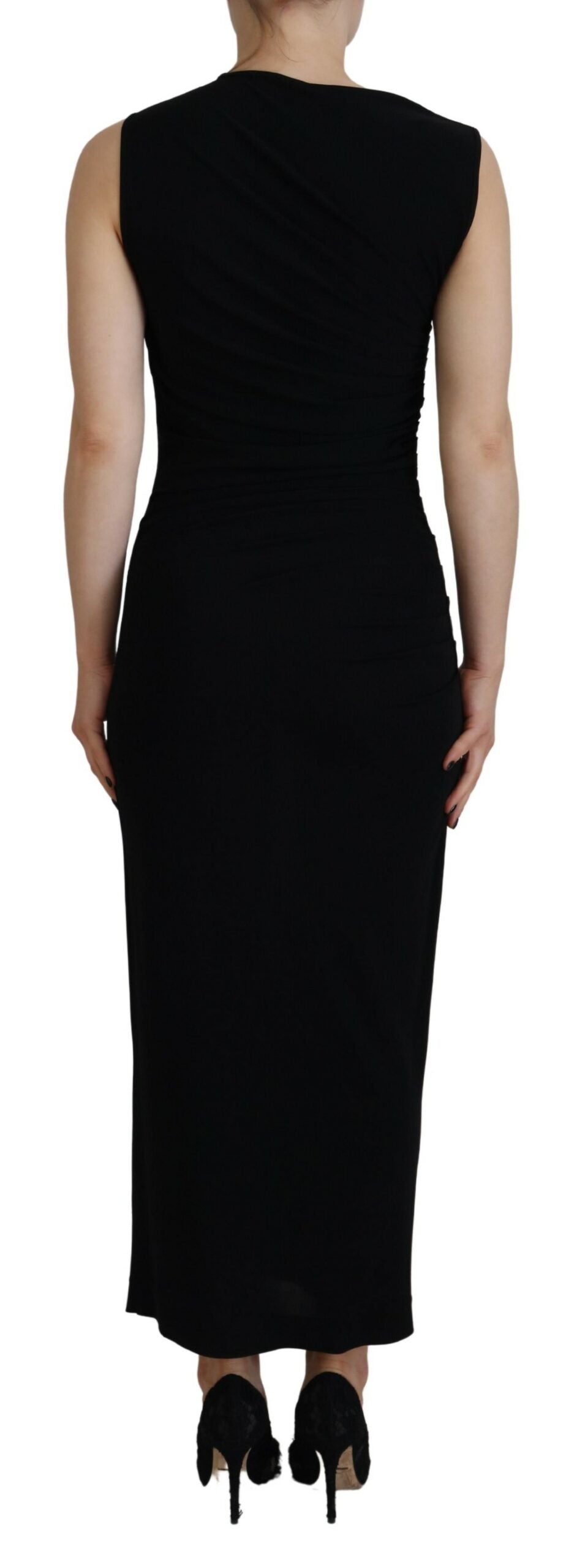 Vestido largo fruncido sin mangas de viscosa negra