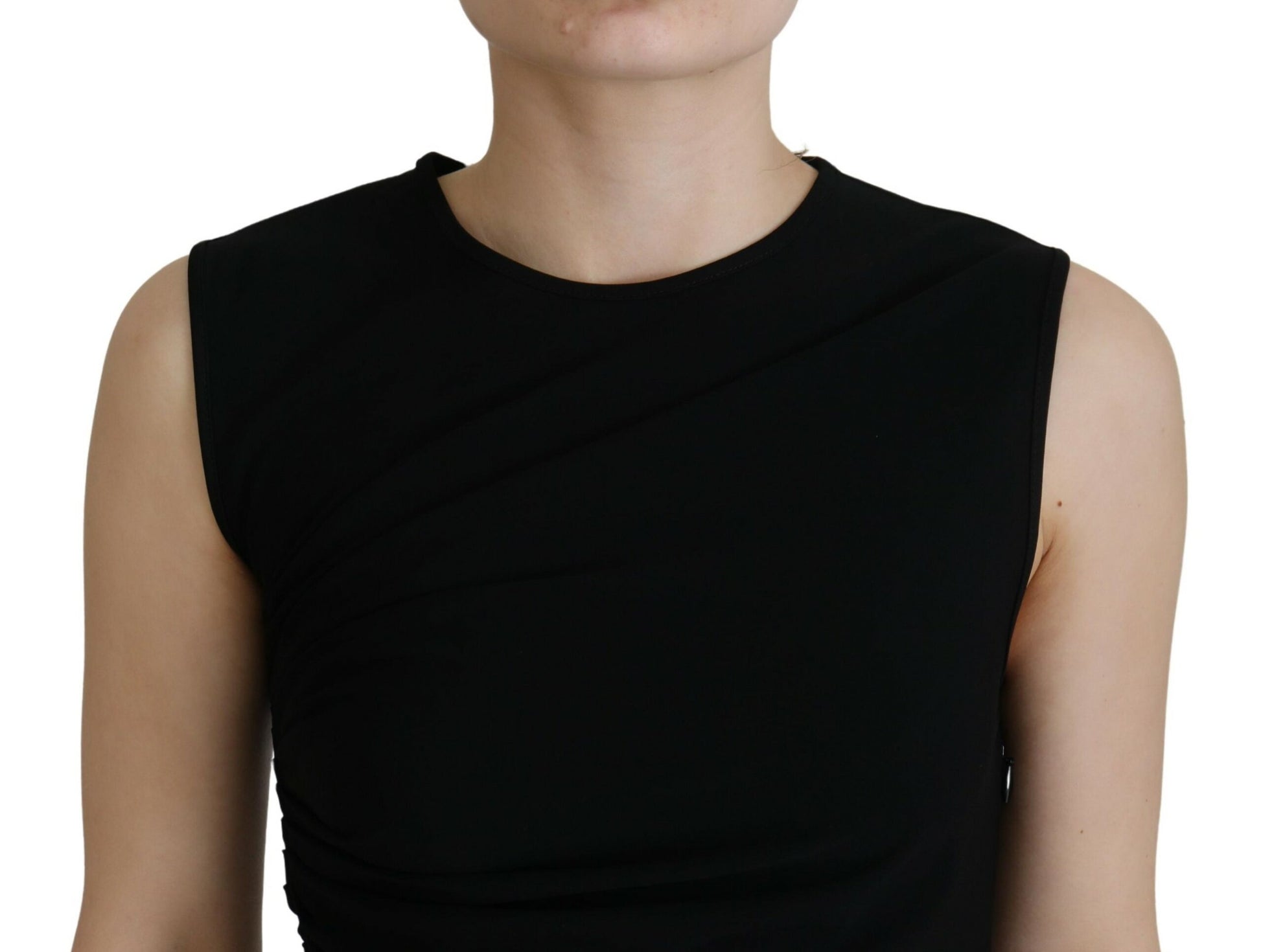 Schwarzes ärmelloses Maxikleid aus Viskose mit Rüschen