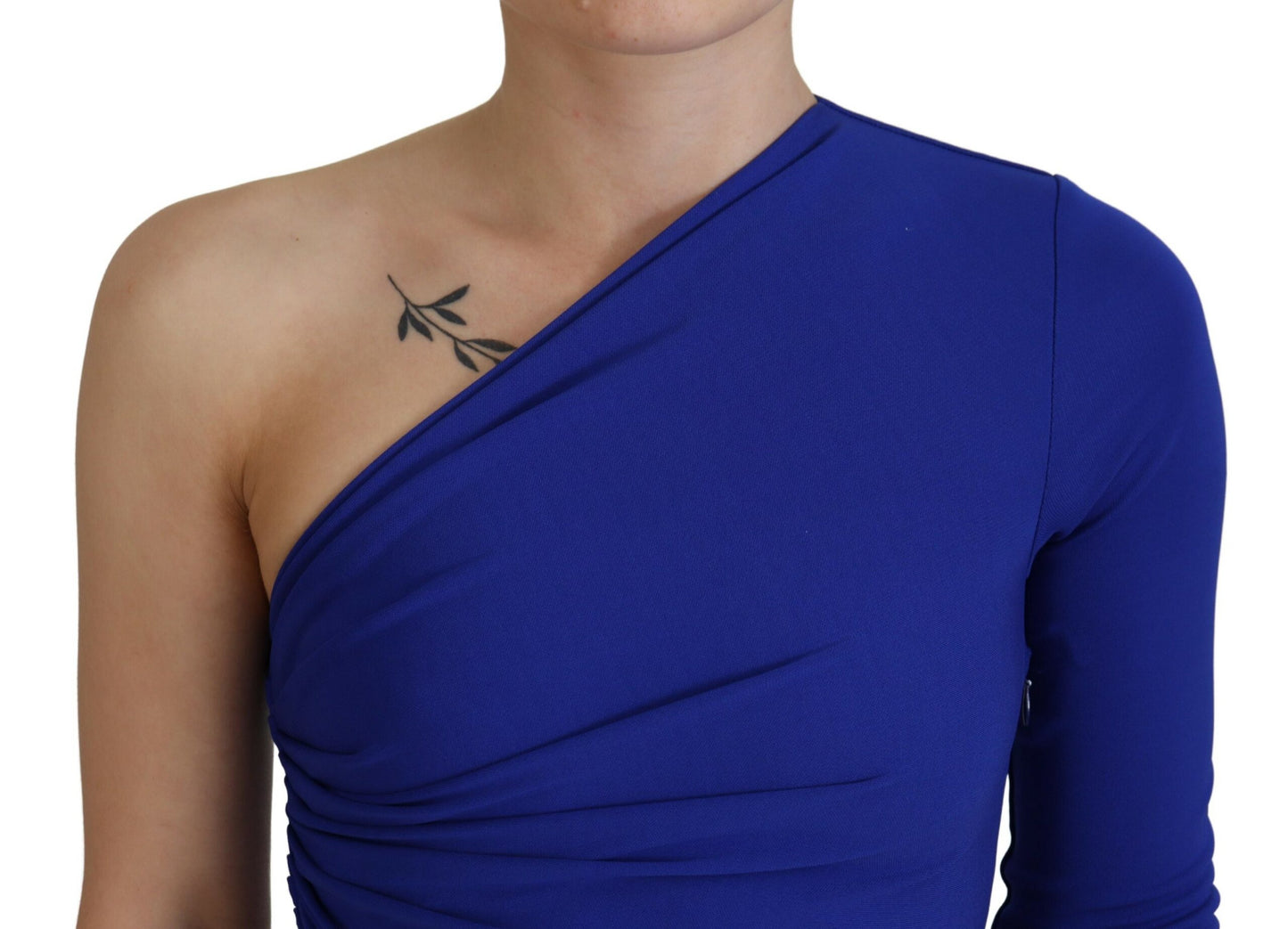 Blaues, figurbetontes Minikleid aus Viskose mit One-Shoulder-Träger und Rüschen