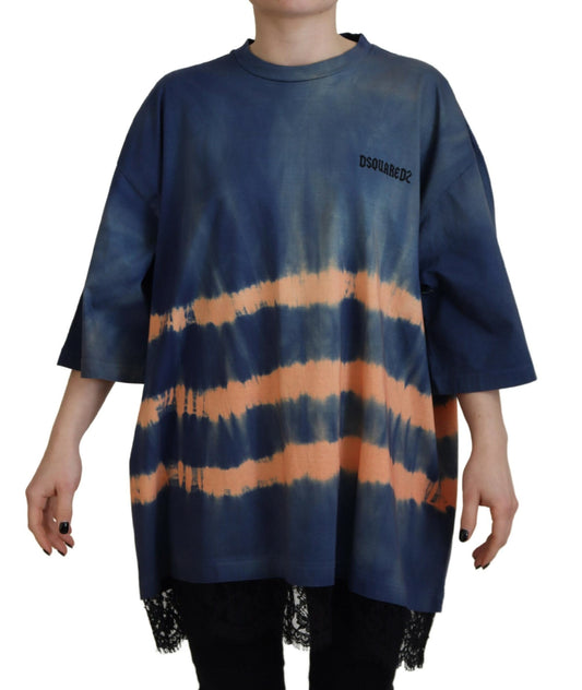 Camiseta de manga corta con encaje y efecto tie-dye de algodón azul