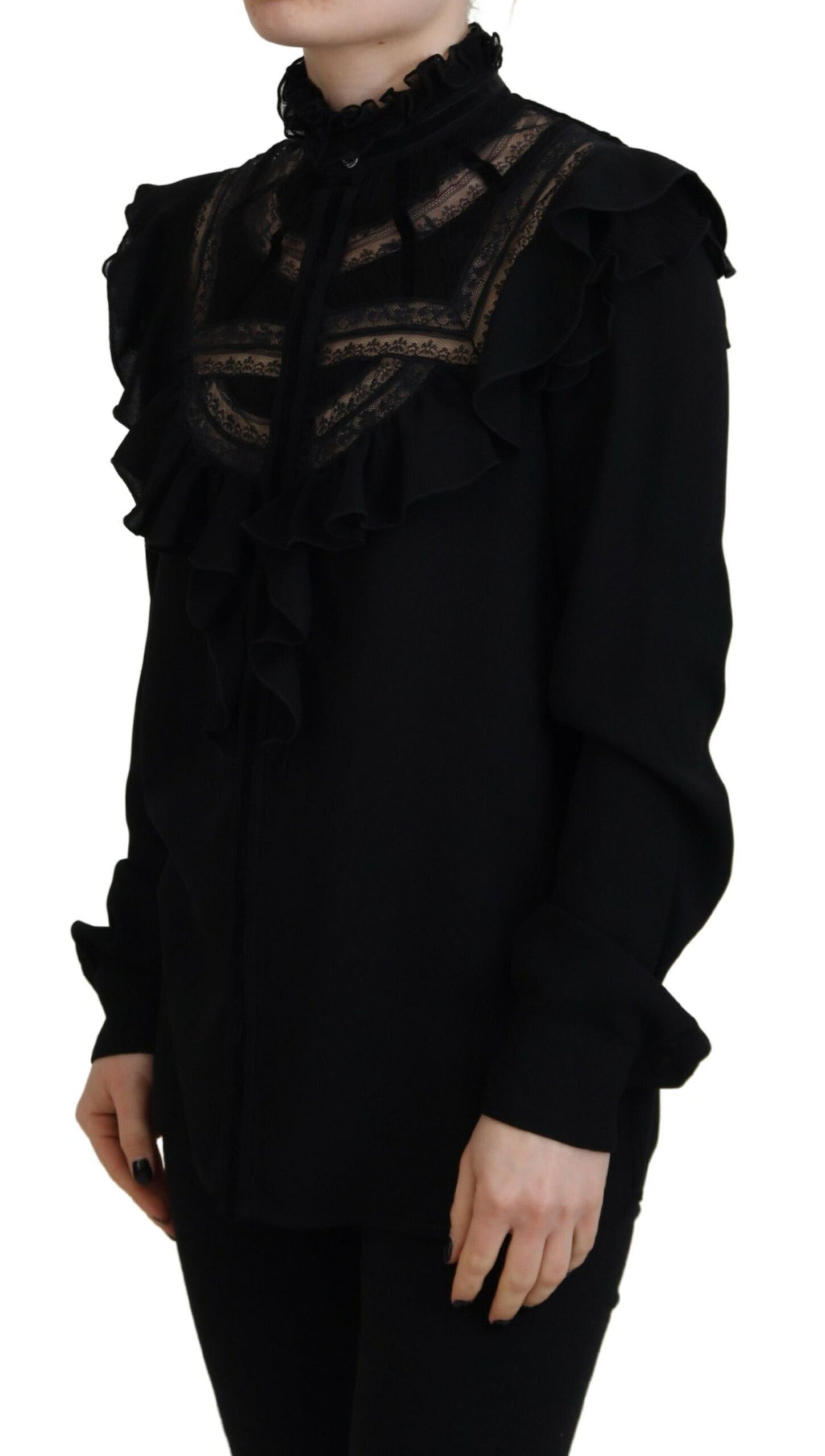 Blusa de manga larga con cuello alto y ribete de encaje negro