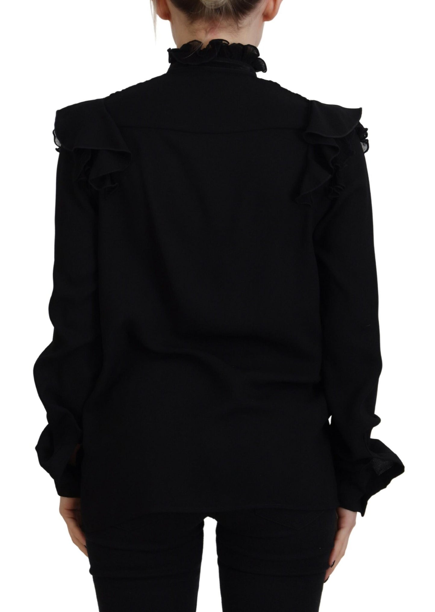 Blusa de manga larga con cuello alto y ribete de encaje negro