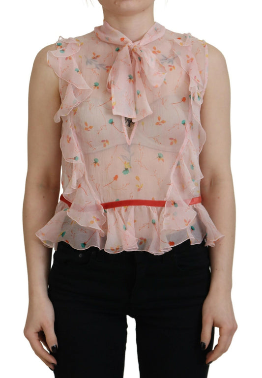 Blusa de seda sin mangas con cuello Ascot y estampado floral rosa