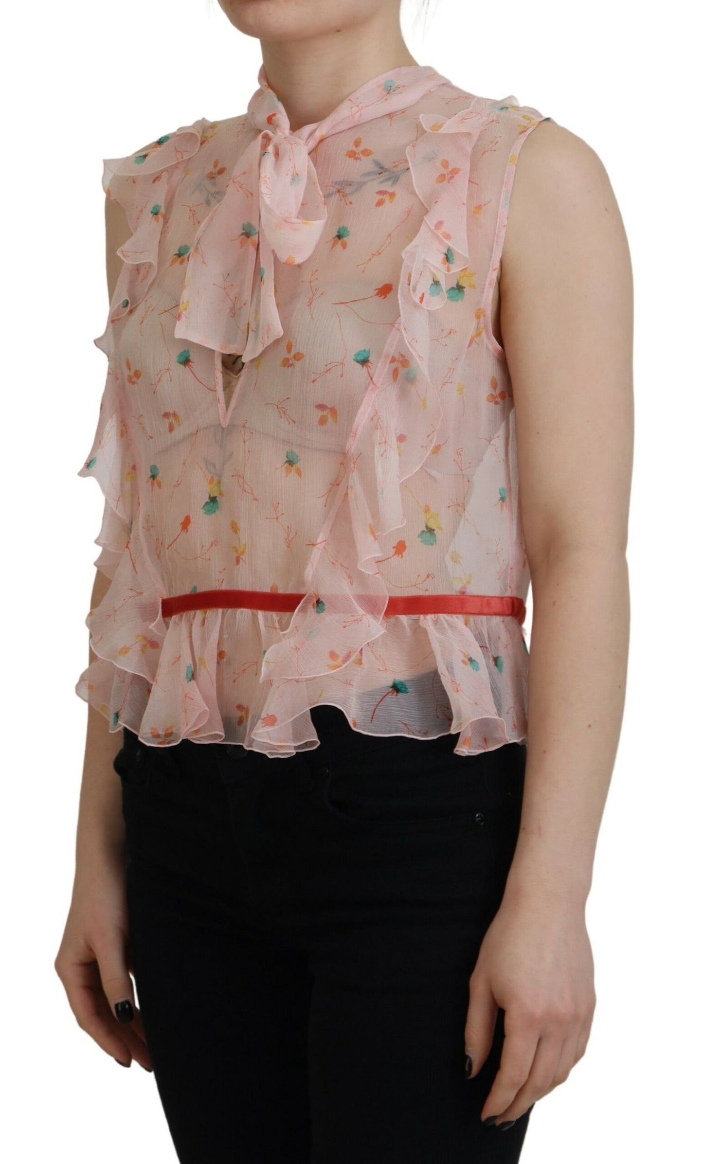 Blusa de seda sin mangas con cuello Ascot y estampado floral rosa