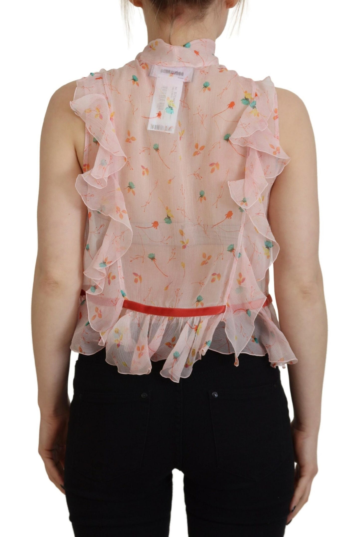 Blusa de seda sin mangas con cuello Ascot y estampado floral rosa