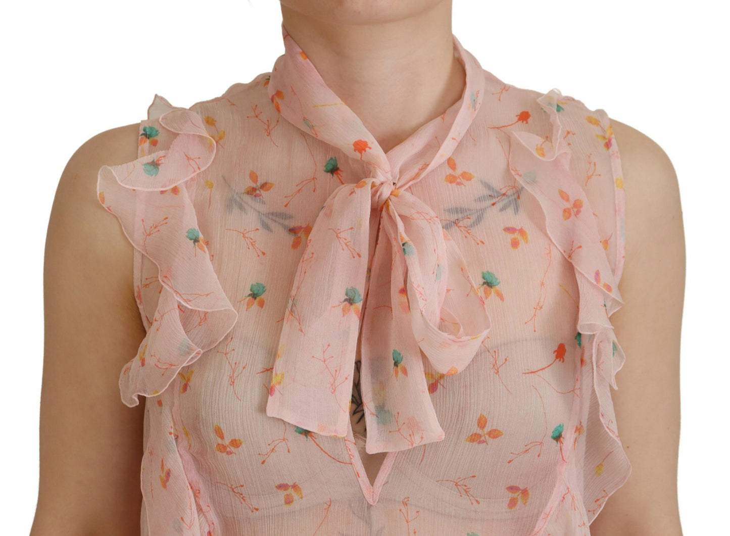 Blusa de seda sin mangas con cuello Ascot y estampado floral rosa