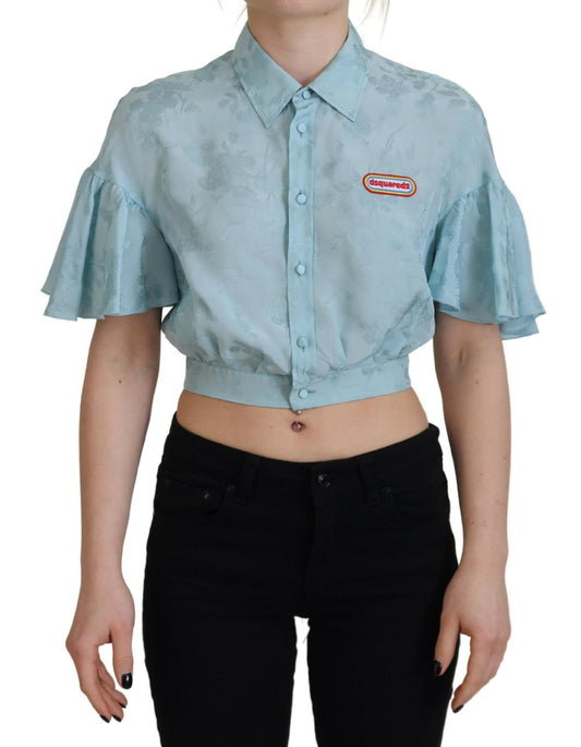 Blusa corta de manga corta con botones y cuello azul