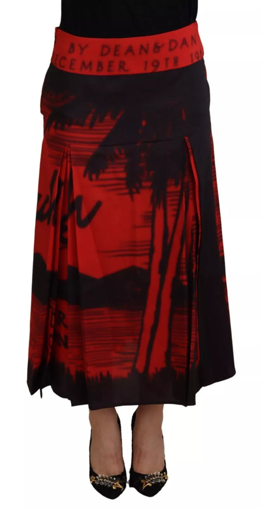 Falda midi plisada de talle alto con estampado rojo en forma de A
