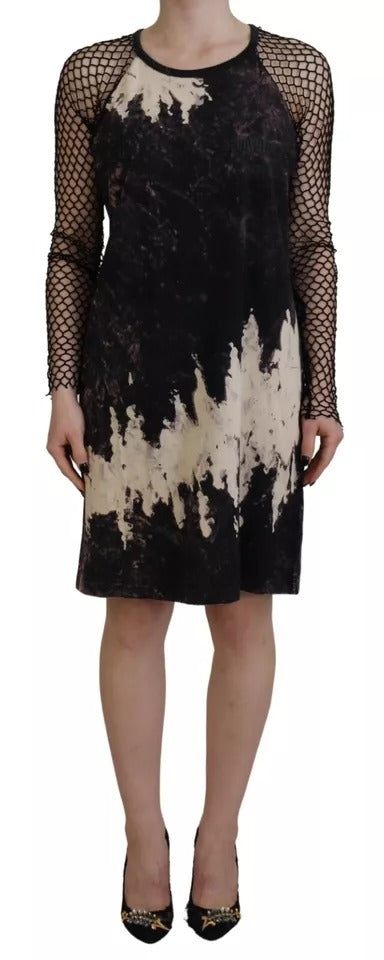 Vestido camisero de algodón con mangas largas y malla con efecto tie-dye en color negro