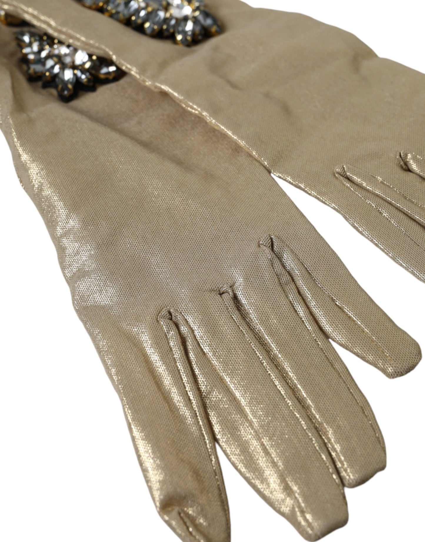 Beige Satin-Handschuhe mit Kristallen in Ellenbogenlänge