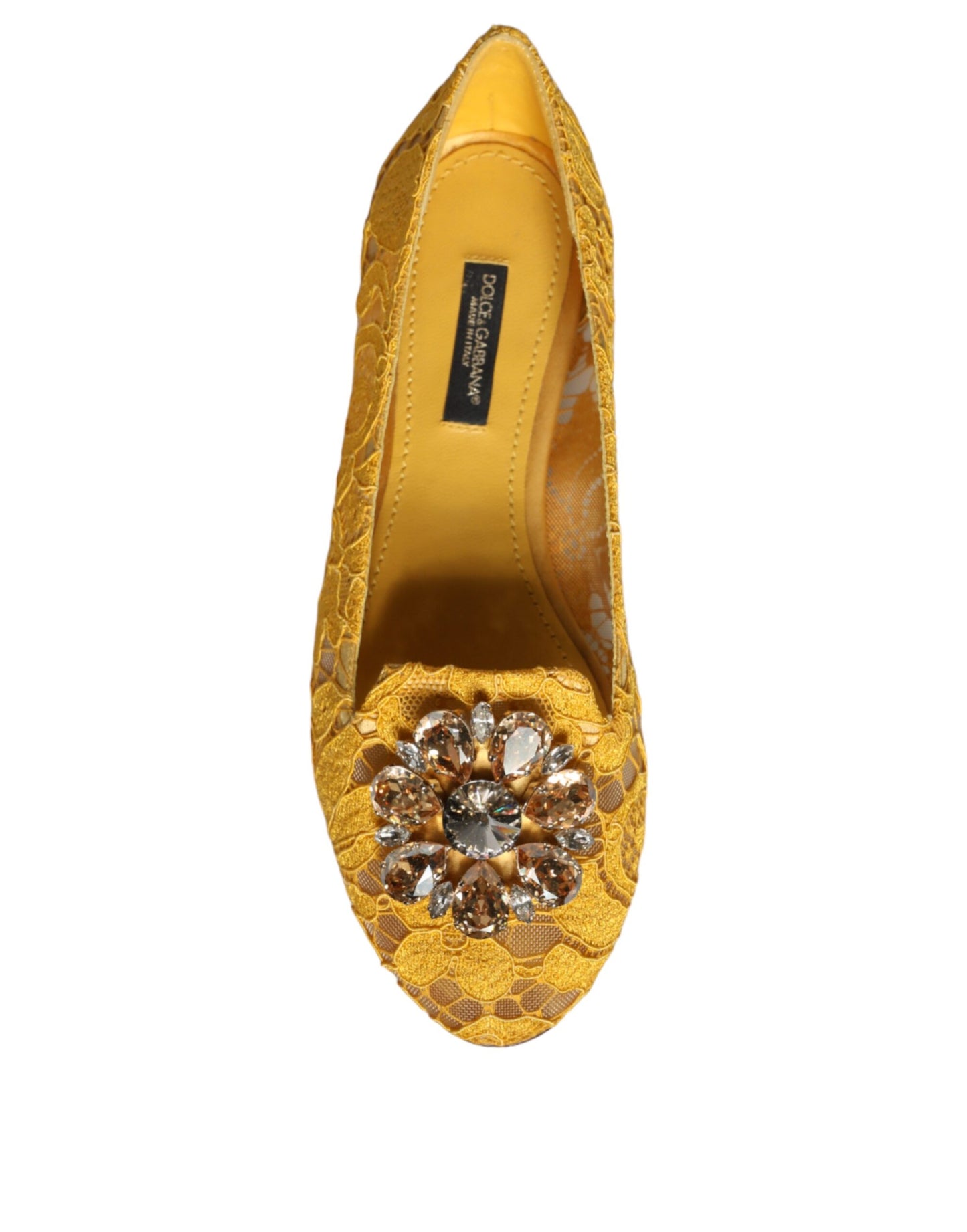 Senfgelbe Ballerinas mit Spitze und Kristallen
