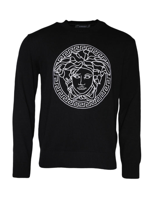 Schwarzer Pullover mit Rundhalsausschnitt und Medusa-Stickerei